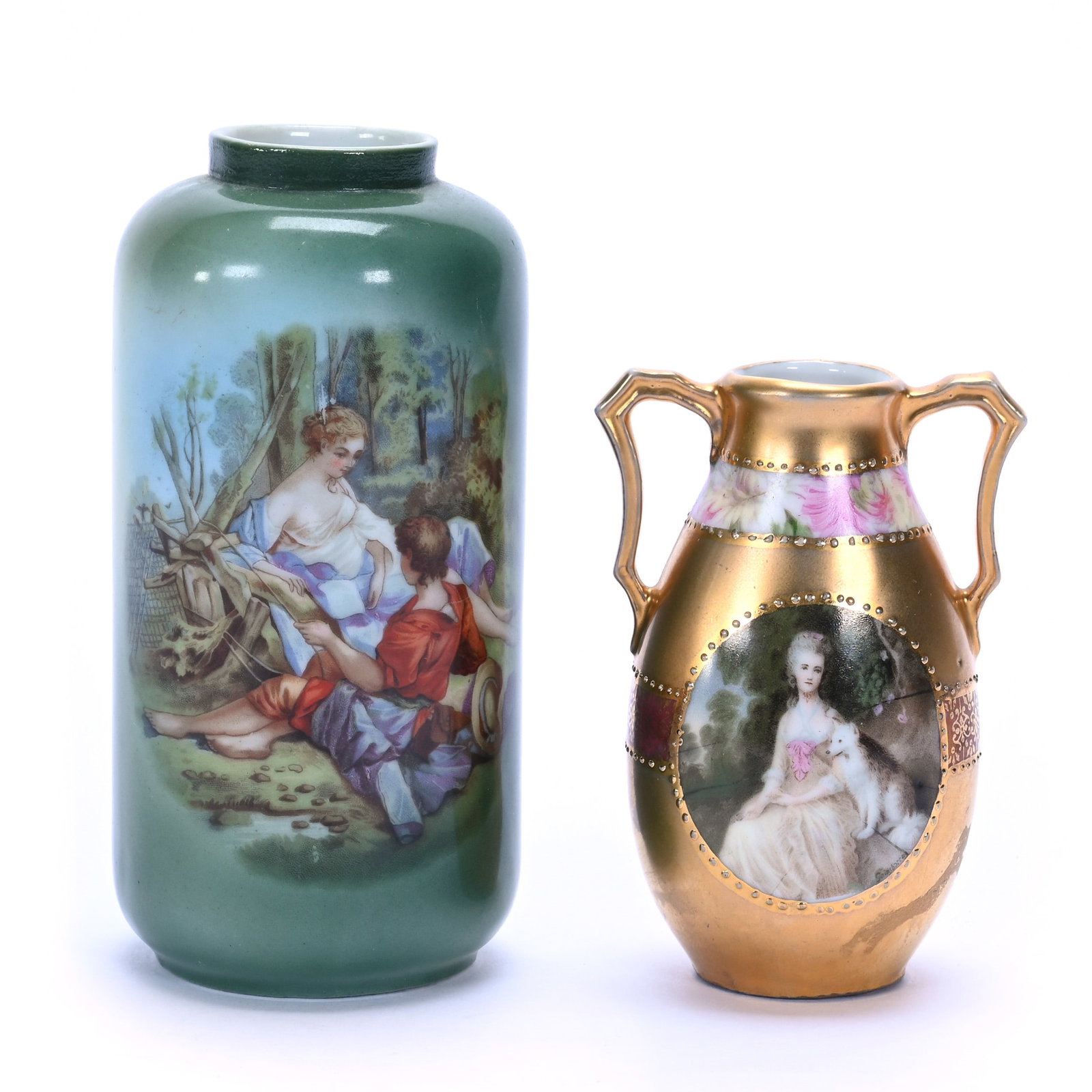 (2) Vases, German: (2) Vases, German, 4.25 x 2.25 x 2.25 Inches, (1) Green Tones With Courting Scenic Decor And (1) Gold Background With Medallion Scene Of Woman With Dog, 0.4 Pounds, Grady and Annette Hite Collection, 