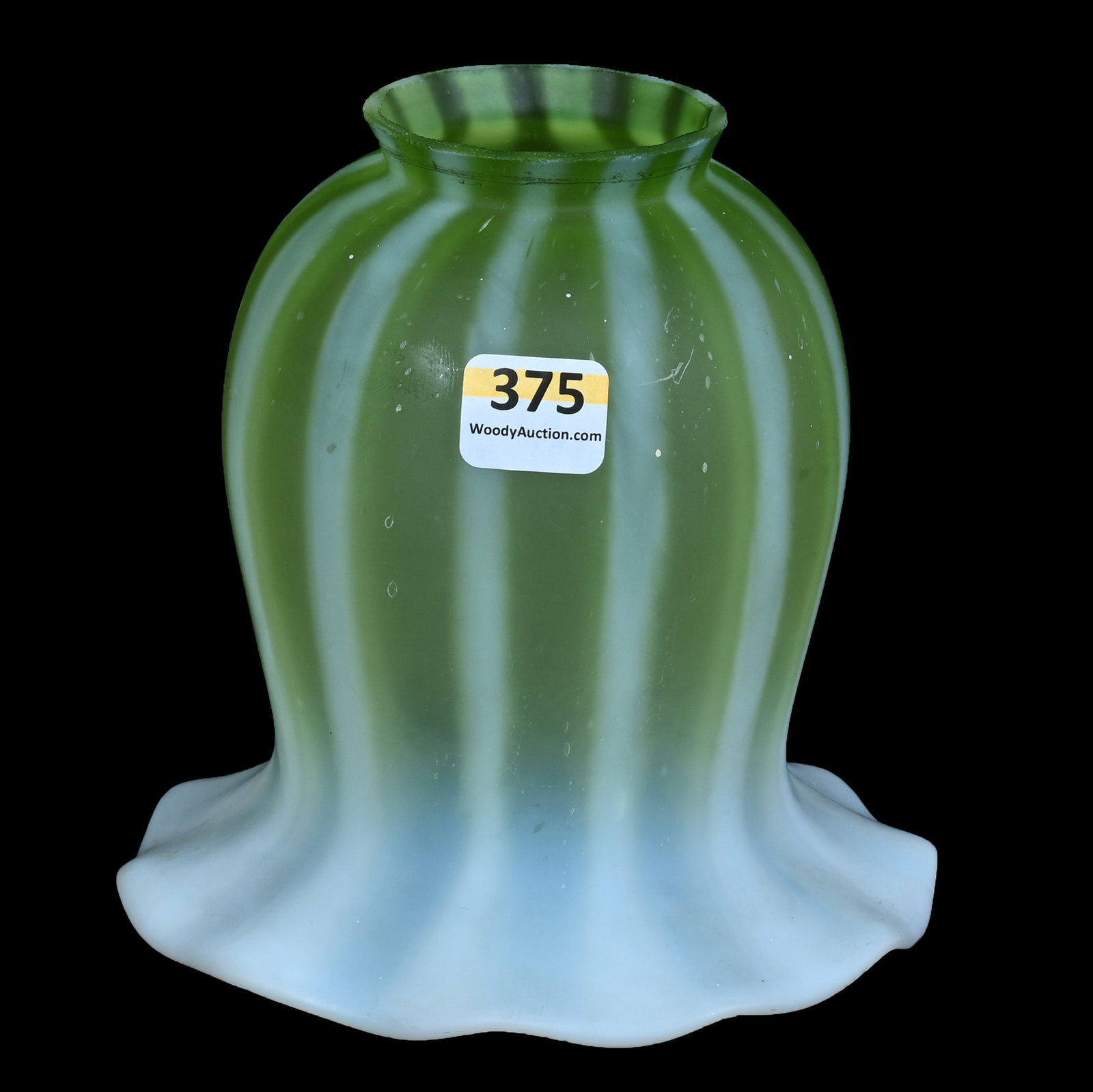Light Shade, Green Opalescent Striped Art Glass, Unmarked: Light Shade, Green Opalescent Striped Art Glass, Unmarked, 5.5 x 5 x 5 Inches, 2.25" Fitter Opening, Rim Nick, 0.6 Pounds, Grady and Annette Hite Collection, North Carolina. Effective 6/6/26, All Live