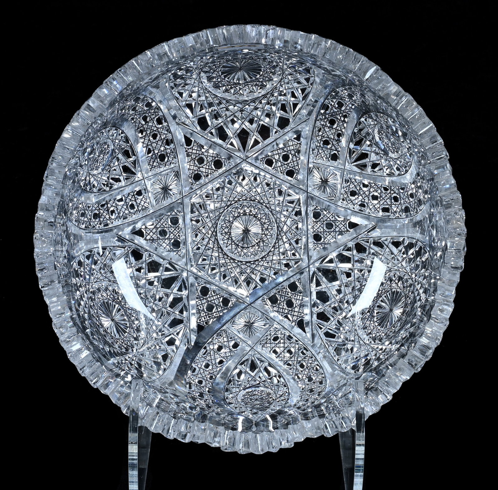 Bowl, American Brilliant Cut Glass: Bowl, American Brilliant Cut Glass, 8 x 8 x 3.5 Inches, Three Alternating Sections Of Hobstar, Vesica, Cane, And Crosscutting Motif, 3.7 Pounds, Grady and Annette Hite Collection, North Carolina. Effe