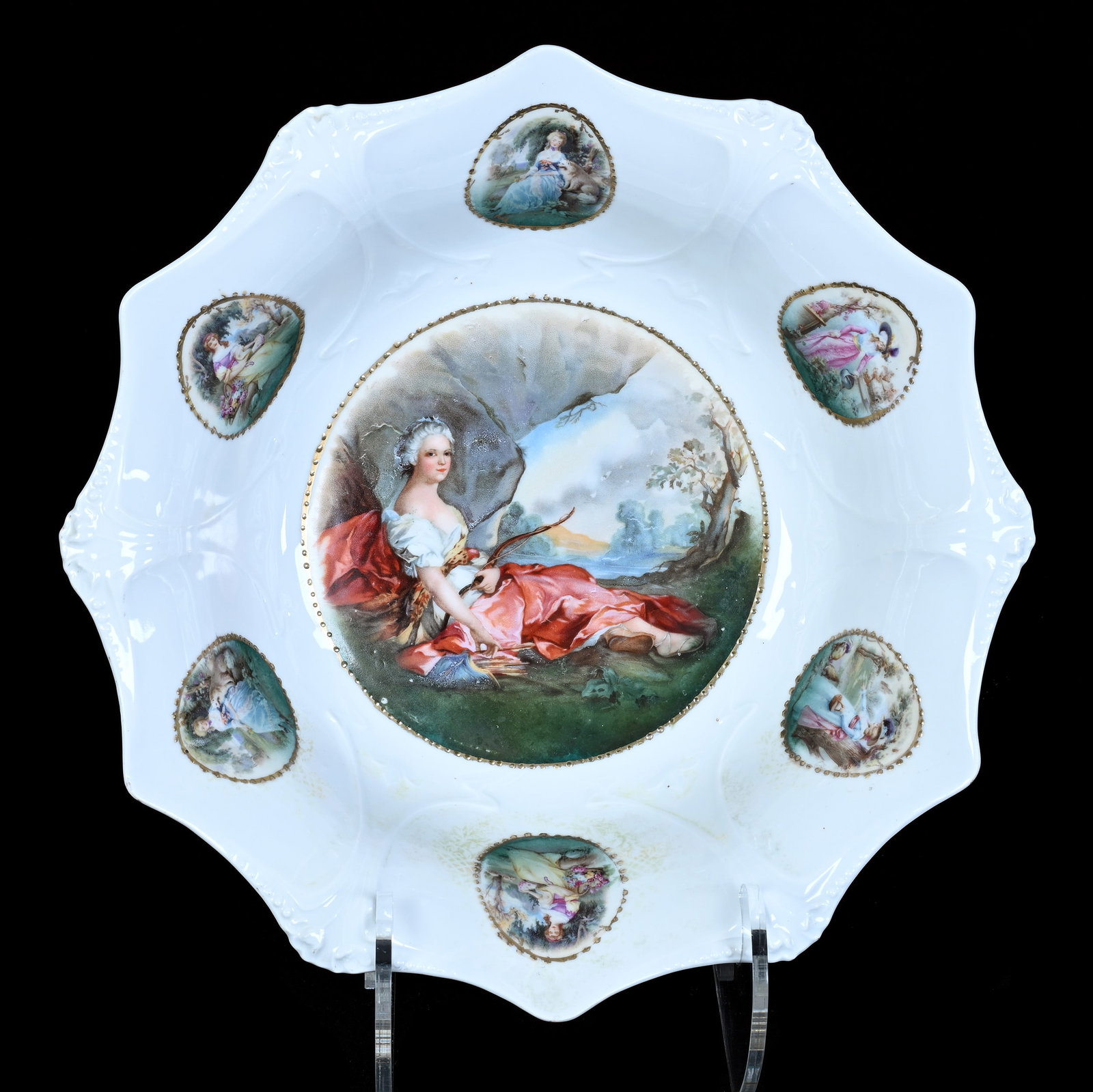 Bowl, Marked R.S. Prussia: Bowl, Marked R.S. Prussia, 10.75 x 10.75 x 3 Inches, White Background With Diana The Huntress Scene And (6) Individual Medallions Featuring Woman Sitting With Fan, Woman Sitting With Dog, Woman