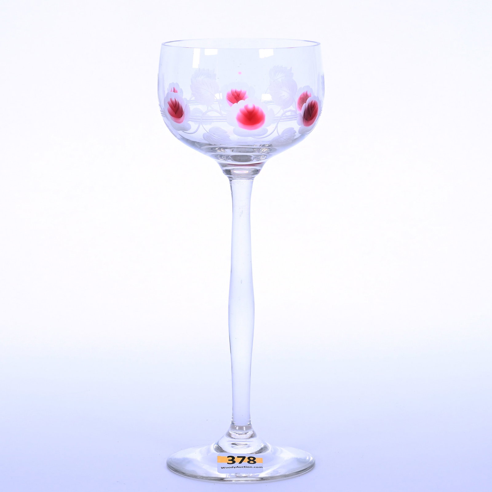 Wine Stem, Unmarked Bohemian Art Glass: Wine Stem, Unmarked Bohemian Art Glass, 8.25 x 3.25 x 3.25 Inches, Clear With Cranberry Marquetry And Engraved Floral Highlights, 0.4 Pounds, Grady and Annette Hite Collection, North Carolina. Effecti