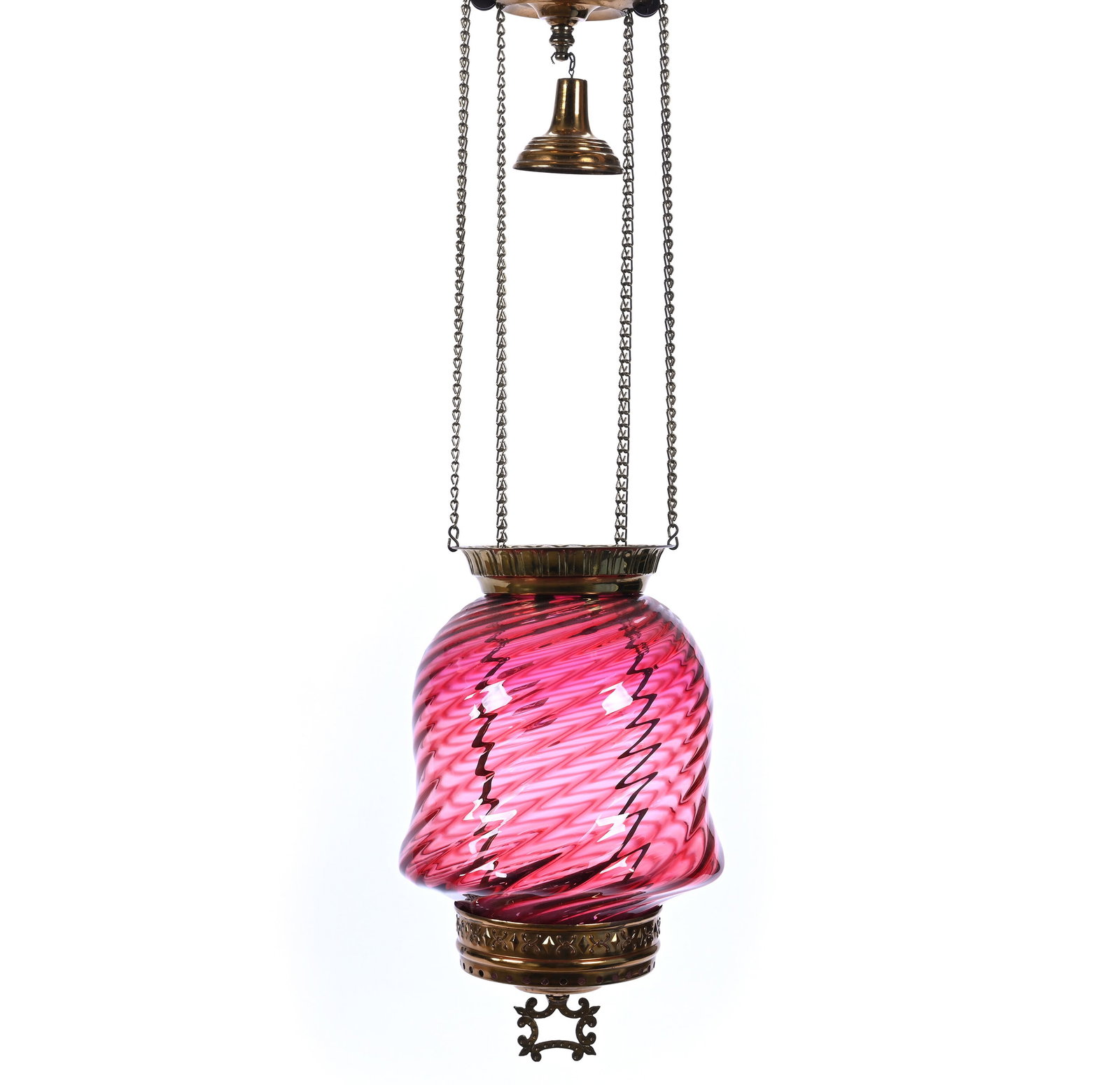 Hanging Lamp, Cranberry Art Glass Swirl: Hanging Lamp, Cranberry Art Glass Swirl, 11.5 x 7.25 x 7.25 Inches, Original Fittings, 2.6 Pounds, Grady and Annette Hite Collection, North Carolina. Effective 6/6/26, All LiveAuctioneers Invoices Mus