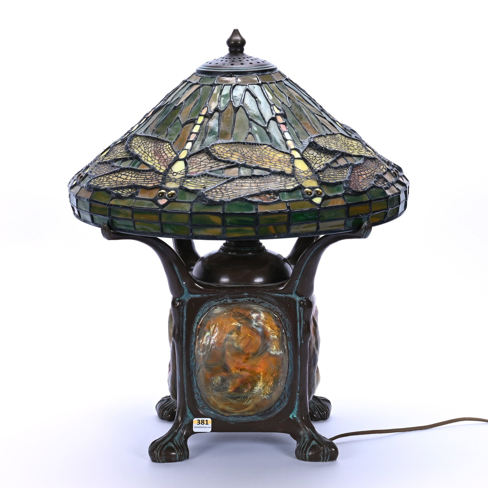 Reproduction Tiffany Table Lamp: Reproduction Tiffany Table Lamp, 20.5 x 17 x 17 Inches, Leaded Glass Shade With Dragonfly Design On A Turtle Back And Bronze Electrified Three Light Base, One Turtle Back Panel Has A Hard To See Crack
