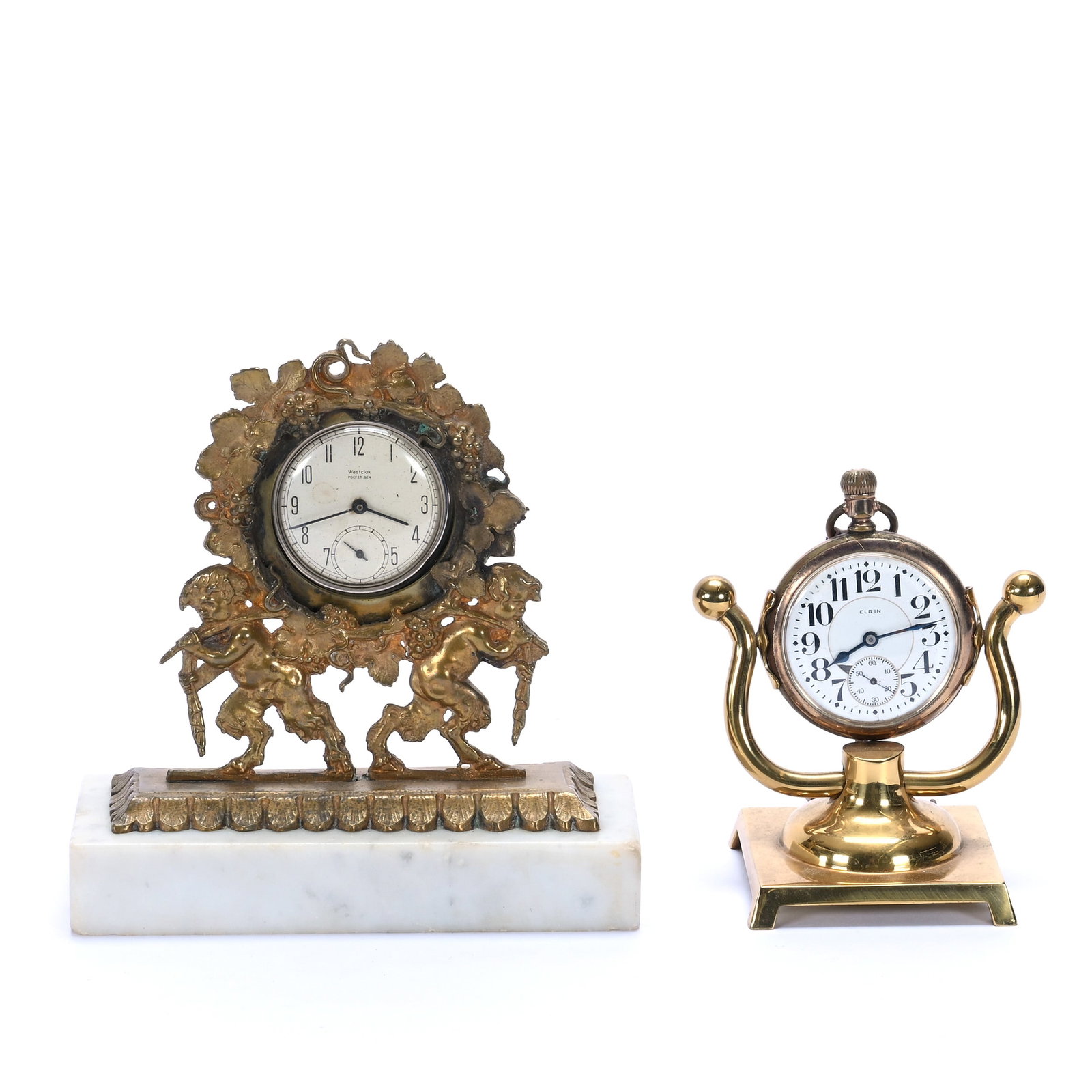 (2) Pocket Watch Holders: (2) Pocket Watch Holders, 5.5 x 5.5 x 2.25 Inches, (1) Westclox Set On Figural Brass Frame With White Marble Base And (1) 4.25" x 3.5" x 2.5" Brass Frame With Elgin Pocket Watch, 2.4 Pounds, Grady and