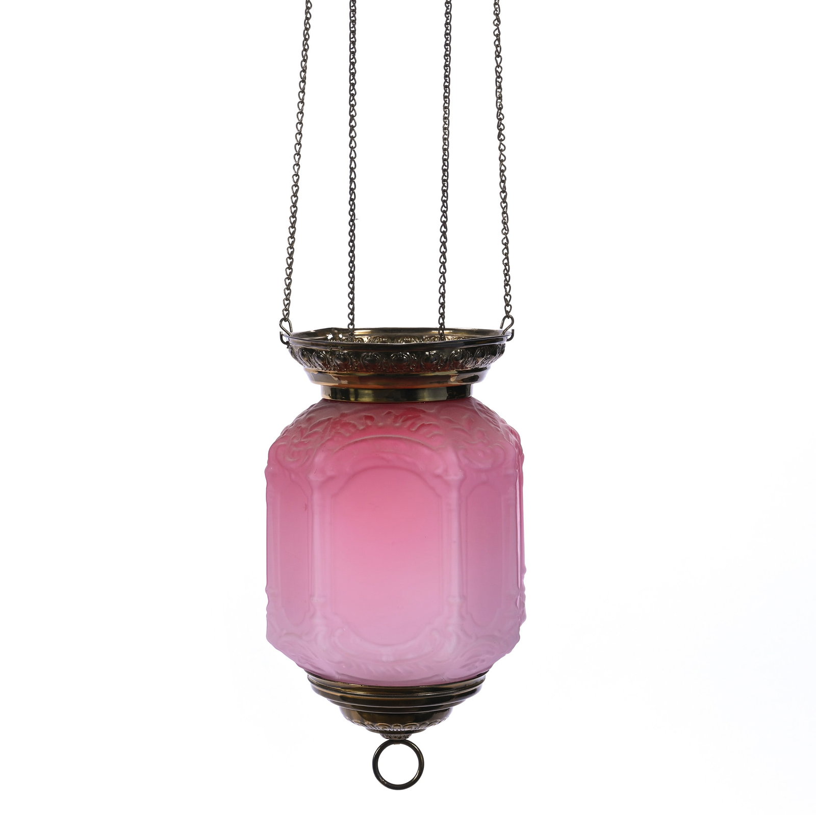 Hanging Lamp, Pink Satin Eight-Sided Pillar And Scroll Mold: Hanging Lamp, Pink Satin Eight-Sided Pillar And Scroll Mold, 10.5 x 7 x 7 Inches, Original Fittings, 2.1 Pounds, Grady and Annette Hite Collection, North Carolina. Effective 6/6/26, All