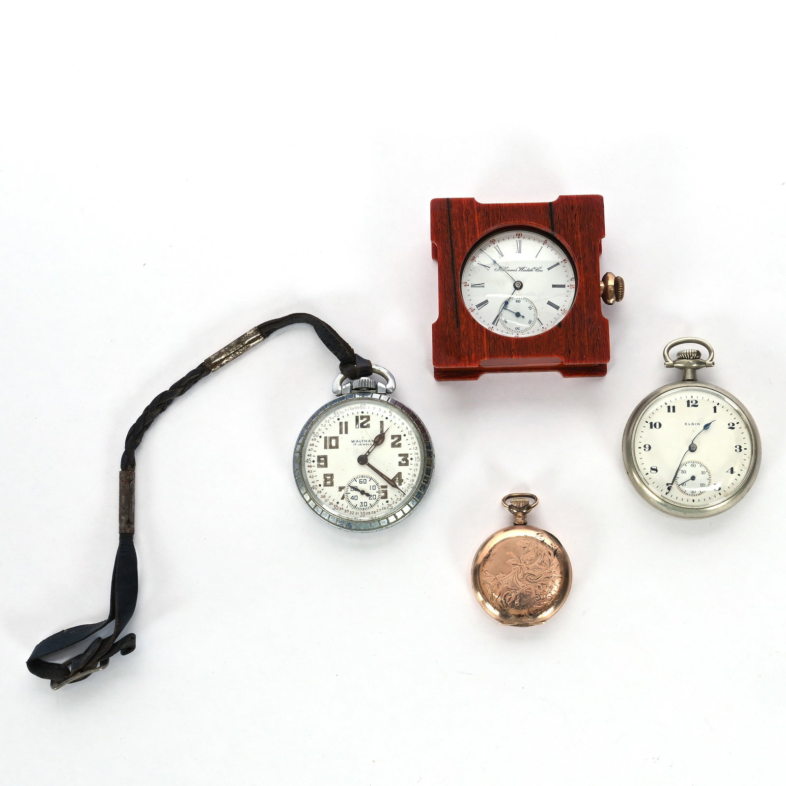 (4) Pocket Watches: (4) Pocket Watches, 2.5 x 1.75 x 0.5 Inches, (1) Illinois Watch Company, Missing Fob Ring, (1) Waltham 17 Jewel, (1) Elgin Nickel Case, And (1) Waltham Ladies' Pocket Watch, 0.8 Pounds, Grady and Anne