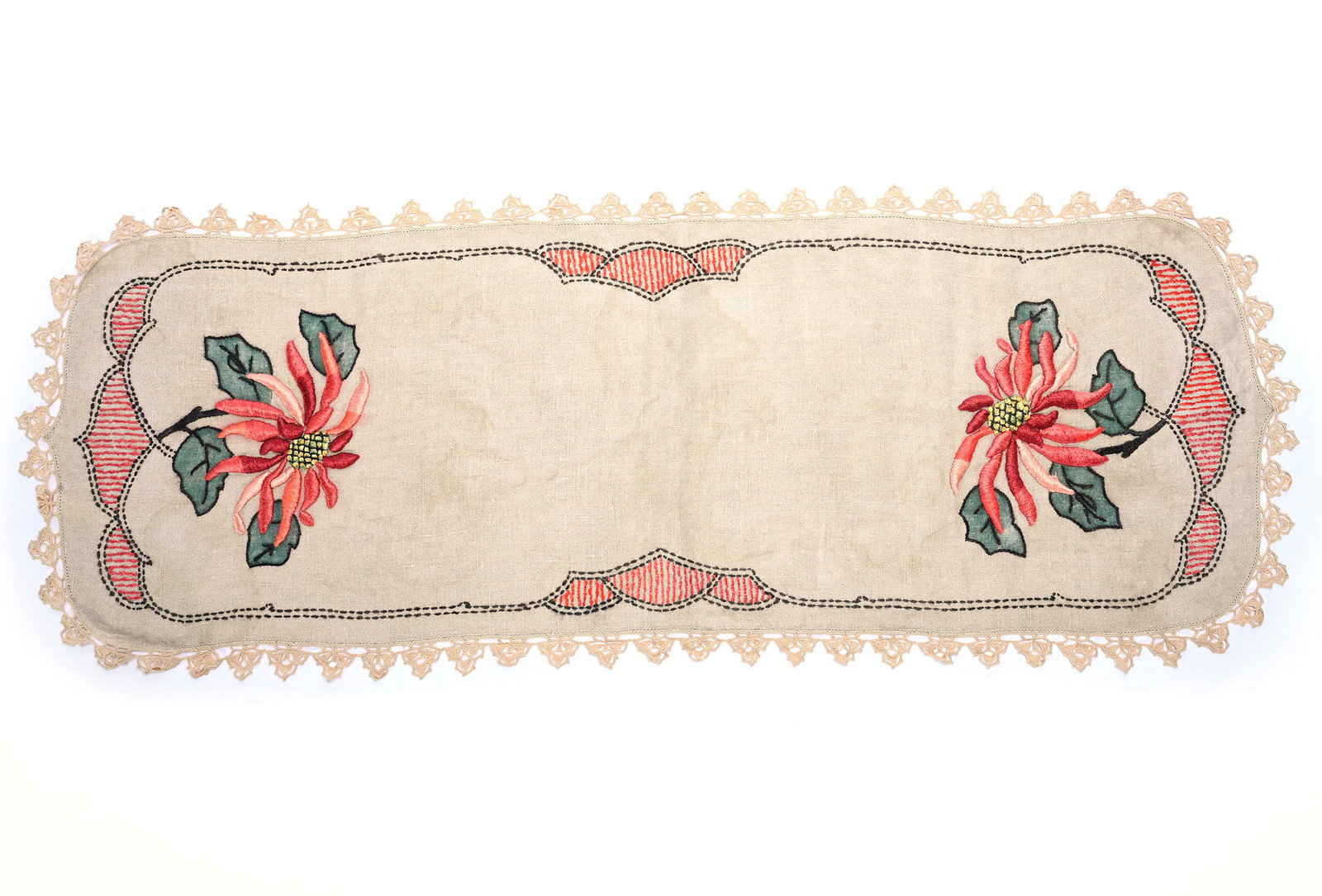 Vintage Linen Dresser Scarf: Vintage Linen Dresser Scarf, 50 x 18 x 0.1 Inches, Hand Embroidered With Floral Decor And Lace Edge, Some Staining, 0.5 Pounds, Grady and Annette Hite Collection, North Carolina. Effective 6/6/26, All