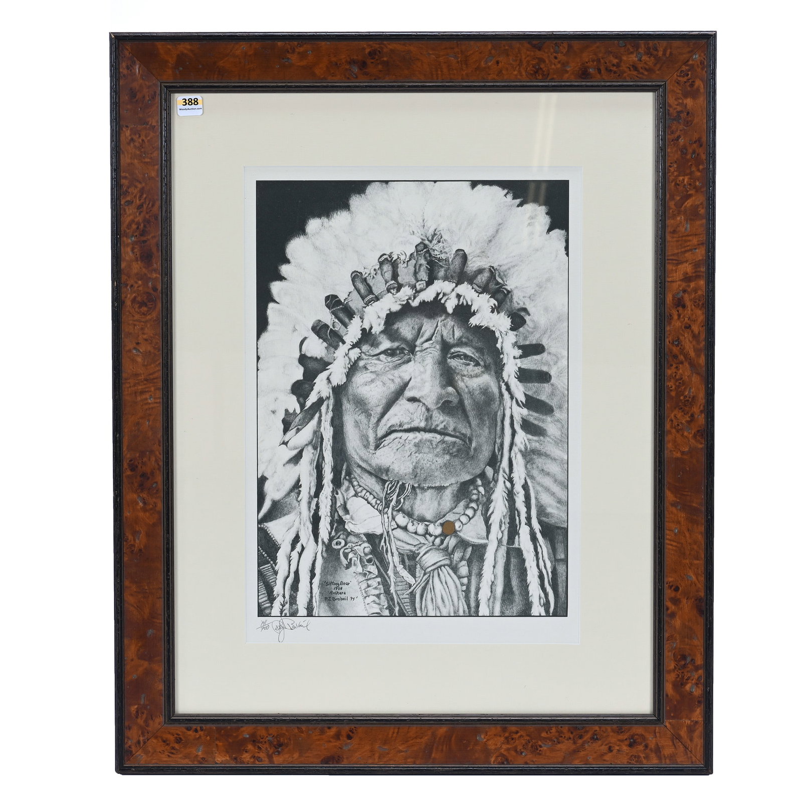 Framed Limited Edition Lithograph: Framed Limited Edition Lithograph, 26.25 x 21.25 x 1 Inches, Titled: "Sitting Bear", Artist P.J. Brobeil (1939-2017), Dated 1994, Based On Arikara Photo In 1908 By Curtis, #141 Of 700, 5.9 Pounds,