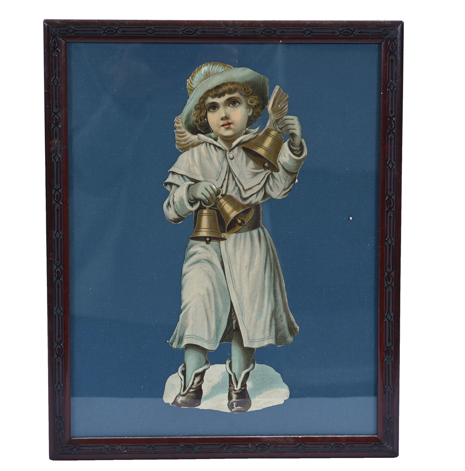 Framed Victorian Die Cut: Framed Victorian Die Cut, 15 x 12 x 0.5 Inches, Image Of Young Child In Long Coat With Bells, Minor Edge Loss, 2.6 Pounds, Grady and Annette Hite Collection, North Carolina. Effective 6/6/26, All Live