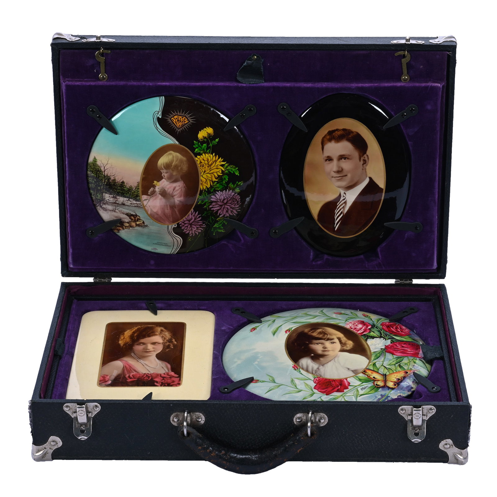 Salesman Sample Case Filled With Celluloid Portraits Of Various Individuals: Salesman Sample Case Filled With Celluloid Portraits Of Various Individuals, 17.5 x 11 x 4 Inches, (4) Large Displays In Individual Slots, (3) Large Loose Displays In Hidden Compartment, And Over (20)