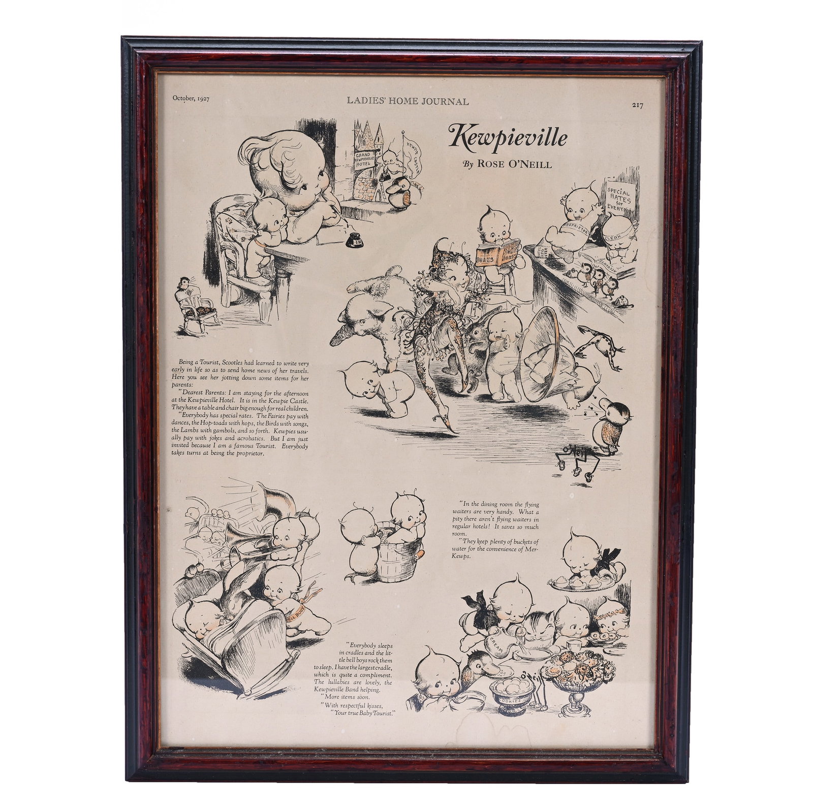 Framed Print By Rose O'Neill: Framed Print By Rose O'Neill, 15.25 x 11.75 x 0.75 Inches, Titled: "Kewpieville", As Published In Ladies' Home Journal, October 1927, 1.8 Pounds, Grady and Annette Hite Collection, North Carolina. Eff