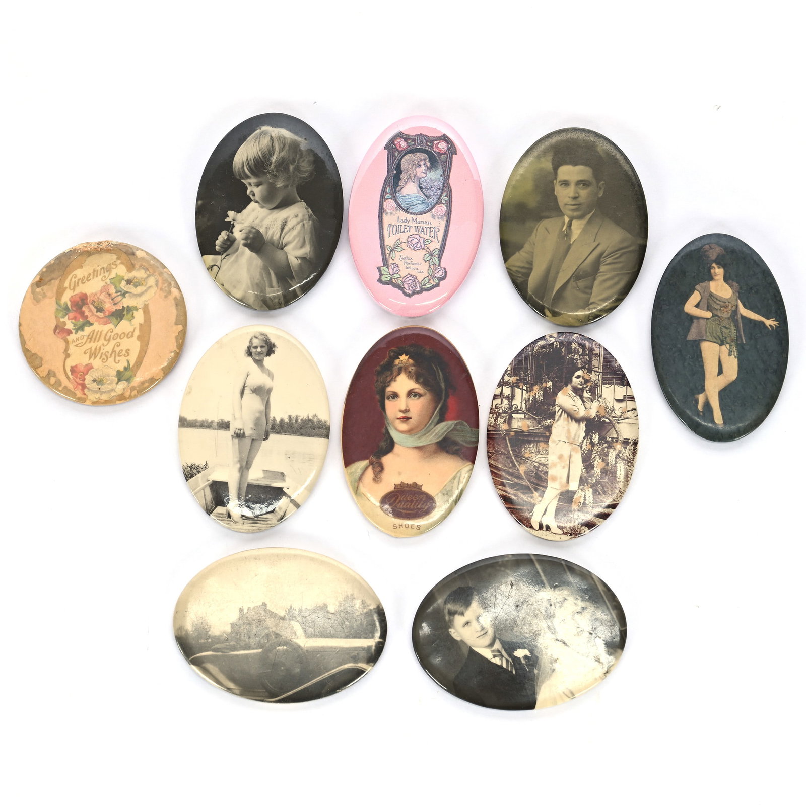 (10) Celluloid Hand Mirrors: (10) Celluloid Hand Mirrors, 2.75 x 2.75 x 0.5 Inches, Numerous Portraits, Scenes, And A Few Are Advertising, (9) 2.75" Oval And (1) 2.25" Round, 0.4 Pounds, Grady and Annette Hite Collection, North C
