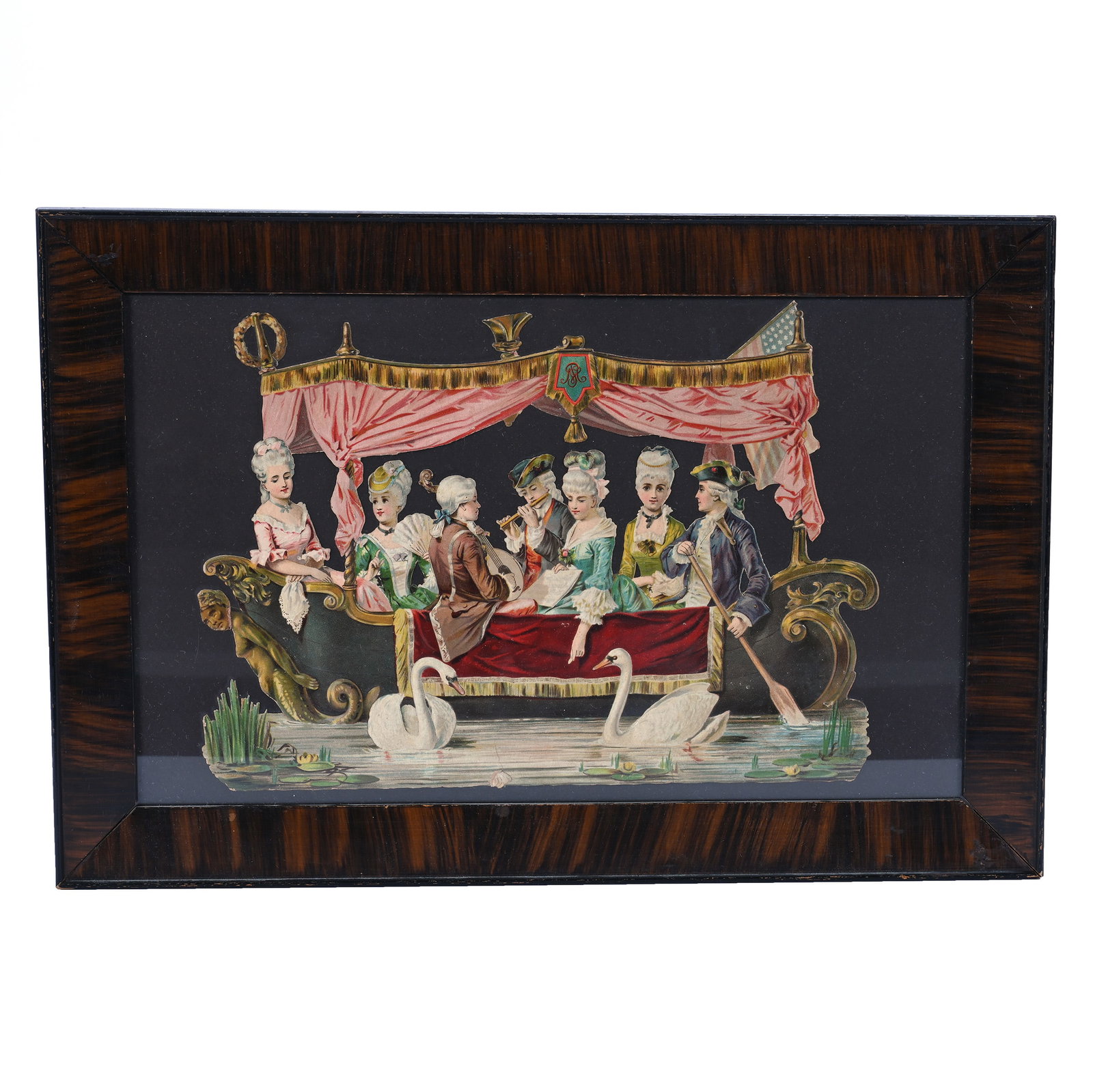 Framed Victorian Die Cut: Framed Victorian Die Cut, 12.25 x 18.25 x 0.75 Inches, Image Of 18th Century Courtesans In Boat With American Flag And Swans, Some Edge Damage, 2.2 Pounds, Grady and Annette Hite Collection, North Car