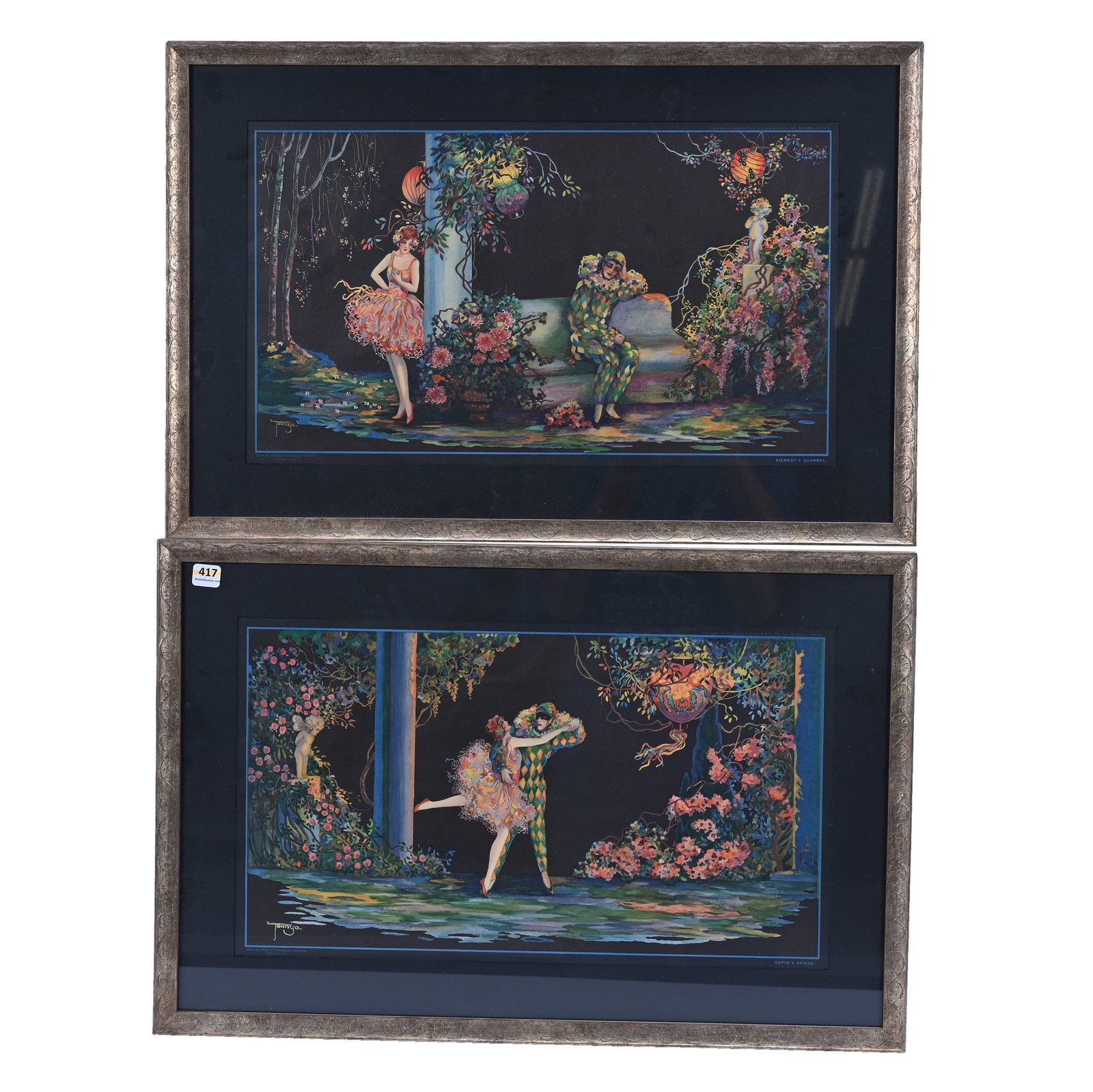 (2) 1920s Framed Art Deco Print By Tsanya: (2) 1920s Framed Art Deco Print By Tsanya , 15.5 x 23.5 x 1 Inches, (1) Titled: "Cupid's Bower" And (1) Titled: "Pierrot's Quarrel", 7.7 Pounds, Grady and Annette Hite Collection, North Carolina. Effe