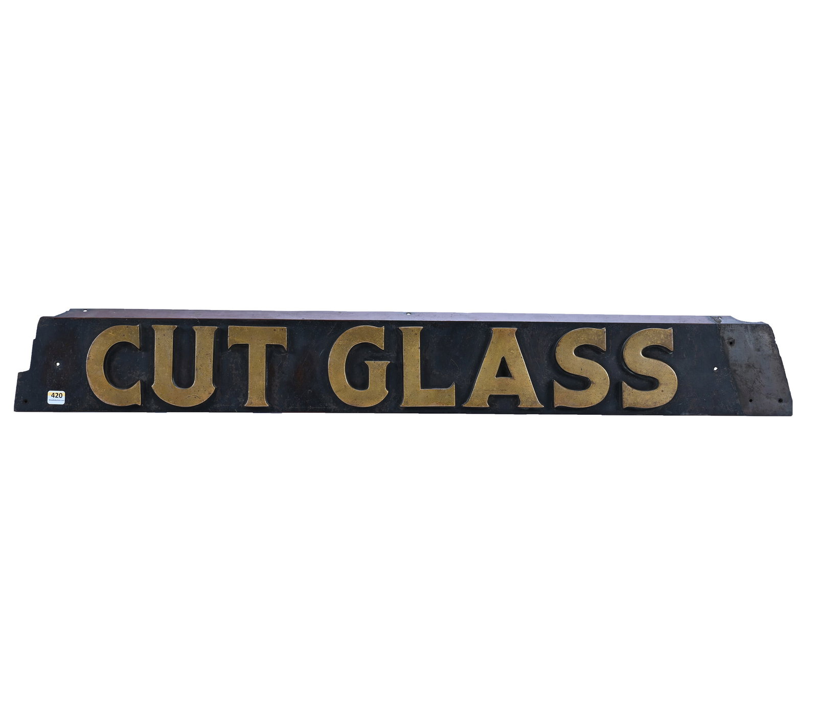 Advertising Sign For Cut Glass: Advertising Sign For Cut Glass, 40.5 x 5 x 1.5 Inches, Brass Three Dimensional Letters With Wood Backing. Woody Auction Cannot Ship This Item, It Must Be Picked Up In Person In Douglass, Ks Or Shipped