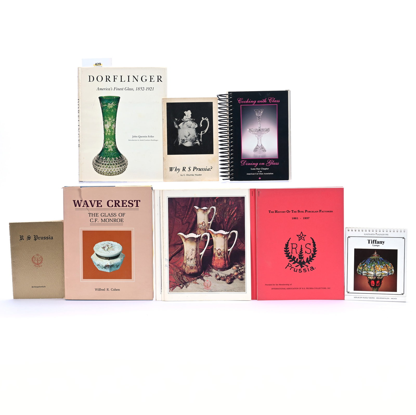 (13) Miscellaneous Books and/or Publications: (13) Miscellaneous Books and/or Publications, 17.5 x 11 x 5 Inches, (1) Wave Crest The Glass Of C.F. Monroe By Wilfred R. Cohen, (2) The History Of The Suhl Porcelain Factories 1861-1937 By The Intern