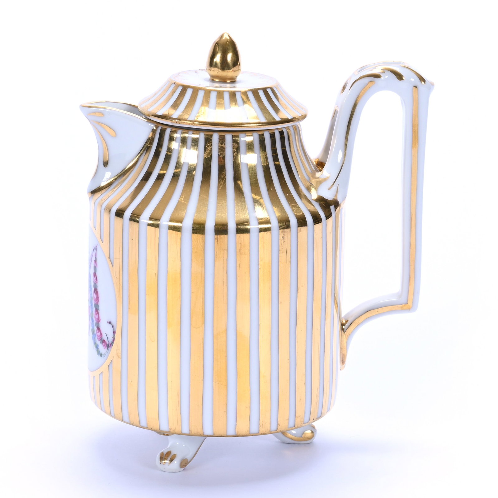 Teapot, Royal Vienna Beehive Mark: Teapot, Royal Vienna Beehive Mark, 6 x 5 x 3.5 Inches, White Porcelain, Gold And White Stripe Design, Floral Monogram, 1 Pound, Private Collection, Michigan. Effective 6/6/26, All LiveAuctioneers Invo