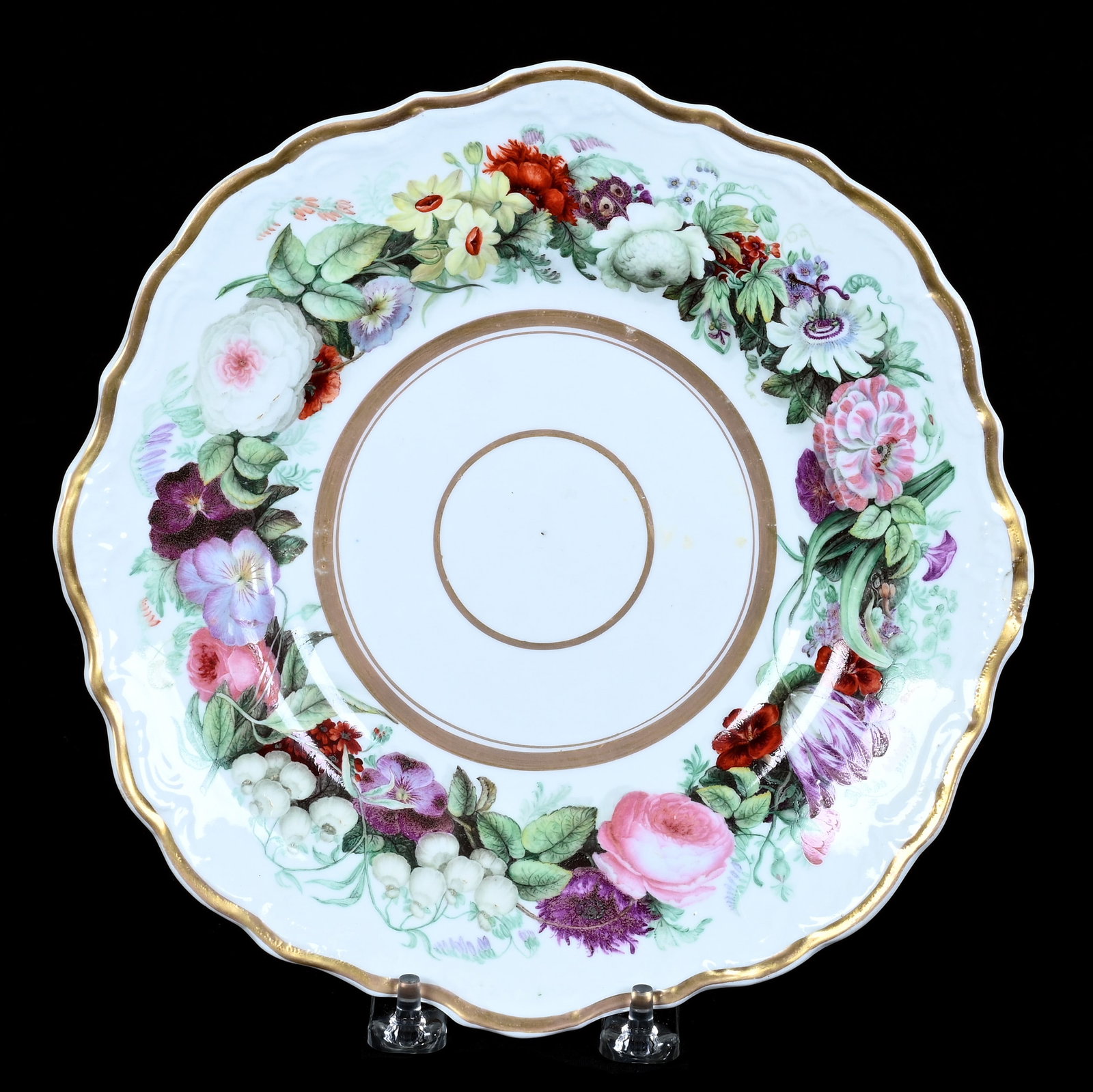 Plate, Marked Copeland And Garrett: Plate, Marked Copeland And Garrett, 9.25 x 9.25 x 1.25 Inches, White Porcelain, Colorful Floral Border, Gold Trim Highlights, Circa 1840s, Has Imperfection On Rim, 1 Pound, Private Collection, Michiga
