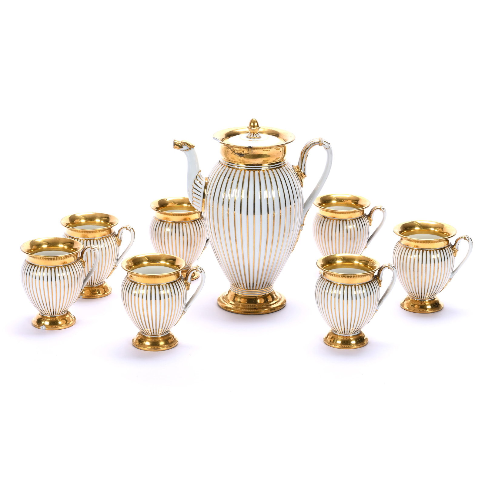 Coffee Service, Meissen Blue Crossed Sword Mark: Coffee Service, Meissen Blue Crossed Sword Mark , 9 x 7.25 x 4.5 Inches, Antique Meissen Empire Coffee Pot Mold, Ribbed Design With Strong Gold Highlights, Sells With (7) Matching 3.75" Cups, Two Cups