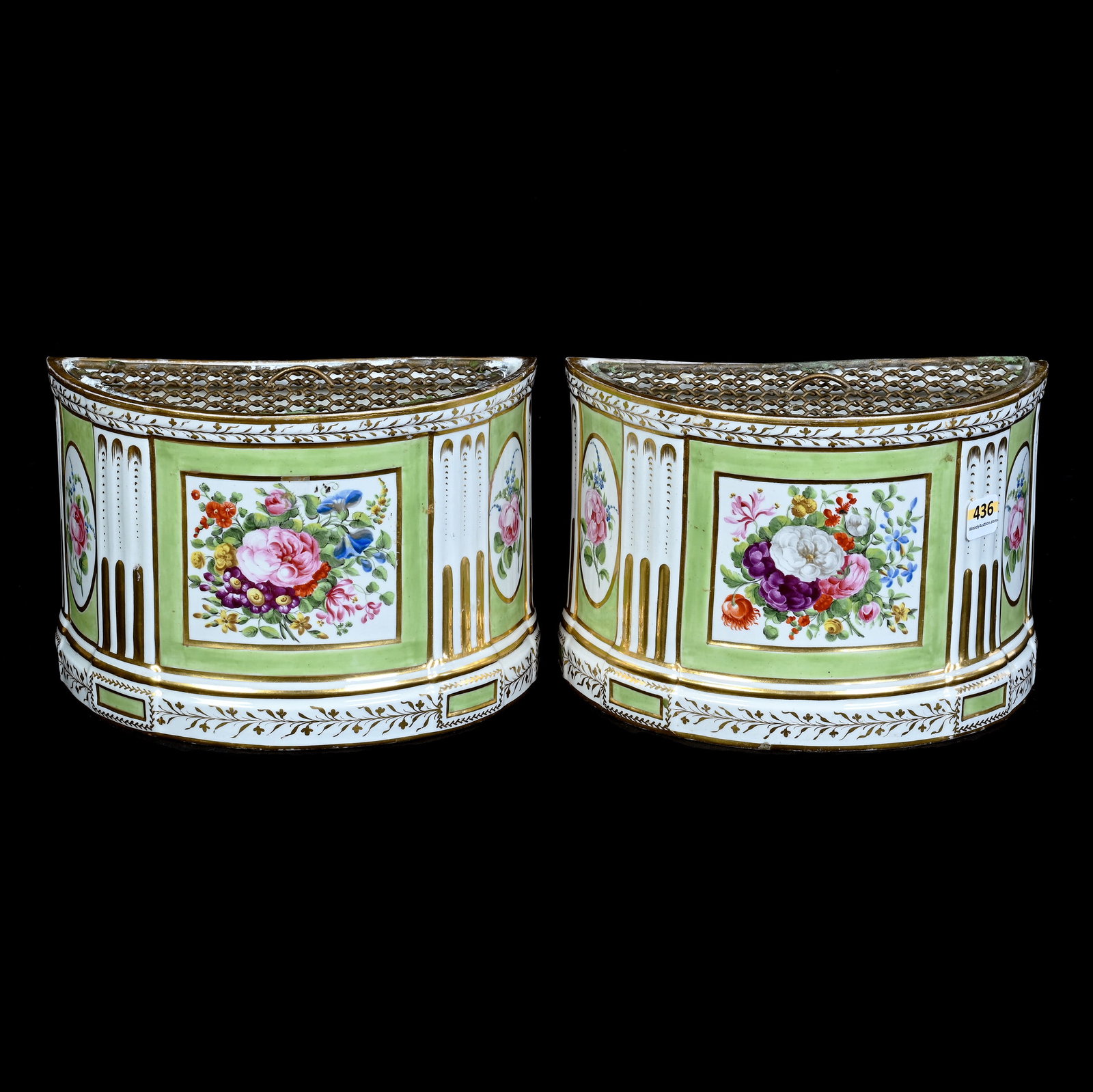 (2) Derby English Crocus Pots: (2) Derby English Crocus Pots, 6 x 8.5 x 4.25 Inches, Green And White Porcelain, Hand Painted Floral Decor, Removable Metal Gates, Very Early Pair, Circa 1800s, Spider Webbing On Base, 5.9 Pounds, Pri