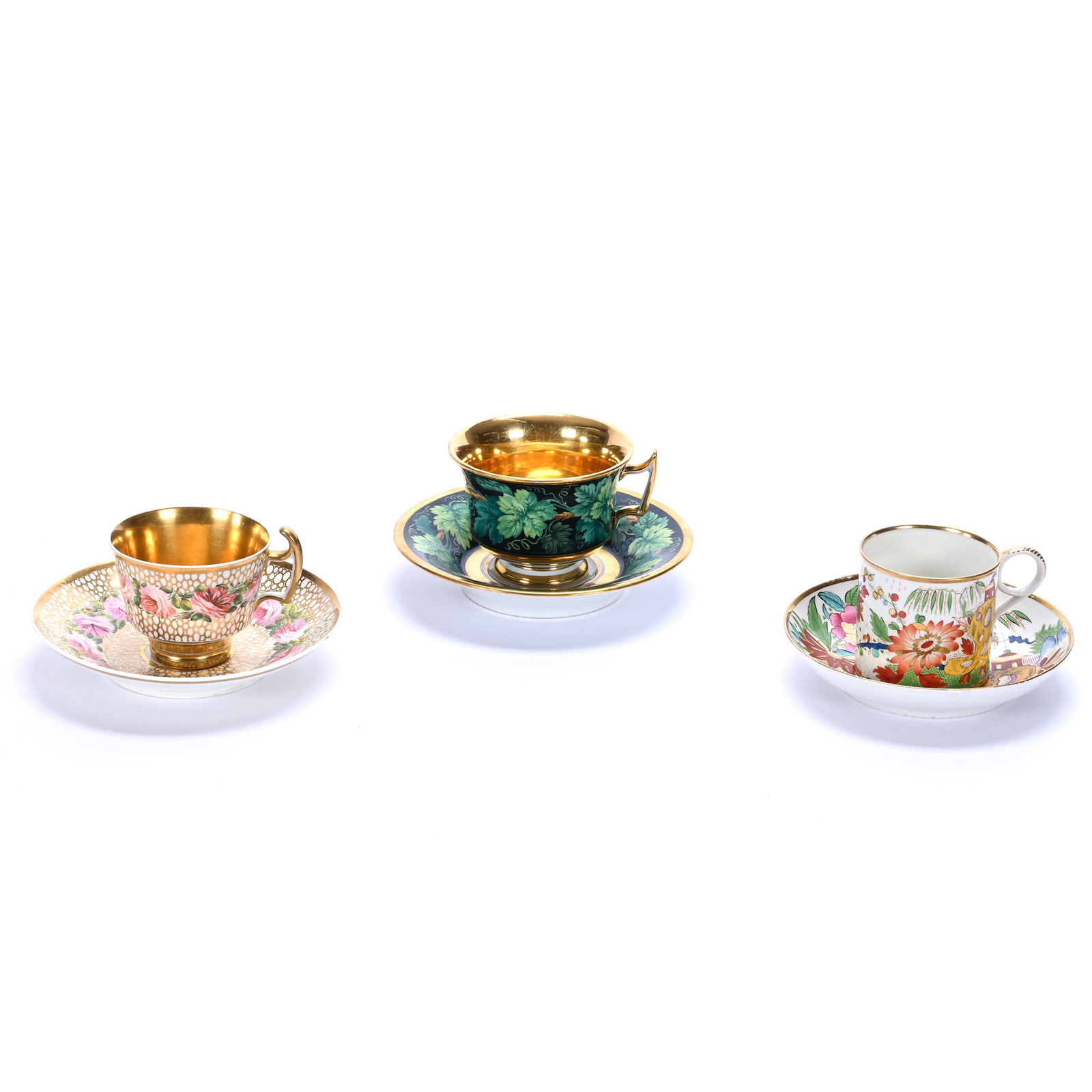 (3) Antique Porcelain Cups And Saucers: (3) Antique Porcelain Cups And Saucers, 3 x 6 x 6 Inches, (1) 3" x 6" x 6" Black With Green Leaf And Vine, Heavy Gold, "F.R." Monogram At Center Of Saucer, Possibly Old Paris Porcelain (1) 2.75"X7.75"
