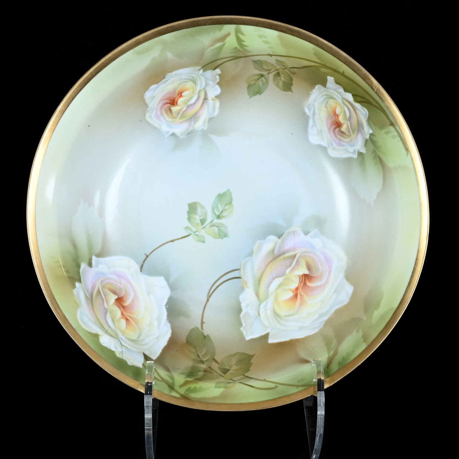 Bowl, Marked R.S. Germany: Bowl, Marked R.S. Germany, 10 x 10 x 2.5 Inches, Green And Yellow Tones With White Rose Decor, Gold Trim, 0.9 Pounds, Private Collection, Michigan. Effective 6/6/26, All LiveAuctioneers Invoices Must 