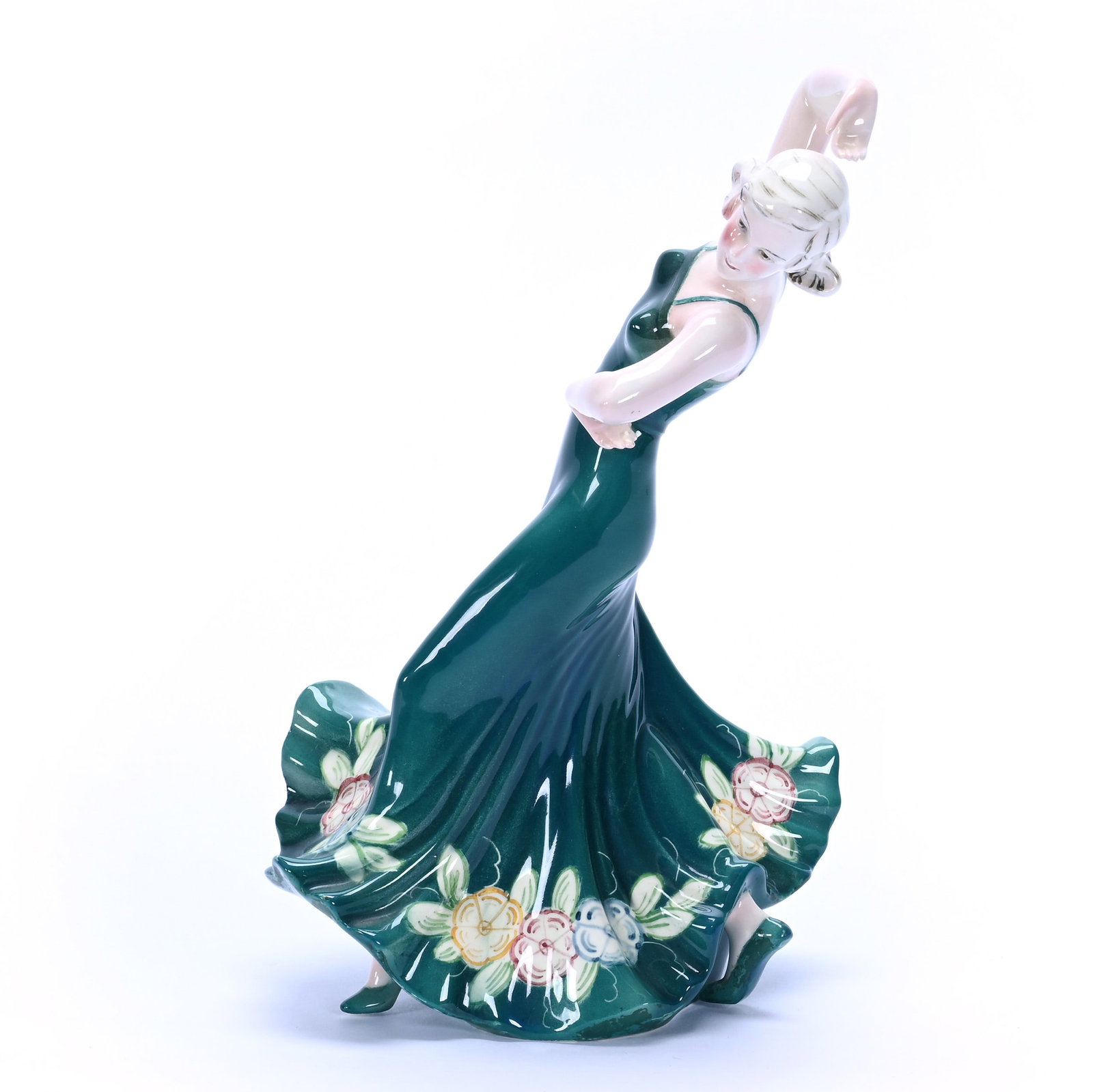 Figurine, Marked Hertwig & Company Germany: Figurine, Marked Hertwig & Company Germany, 9.25 x 6 x 4.25 Inches, Porcelain, Dancing Female In Green Floral Dress, Model Number 1511, Art Deco Female, 0.8 Pounds, Private Collection, Michigan. Effec
