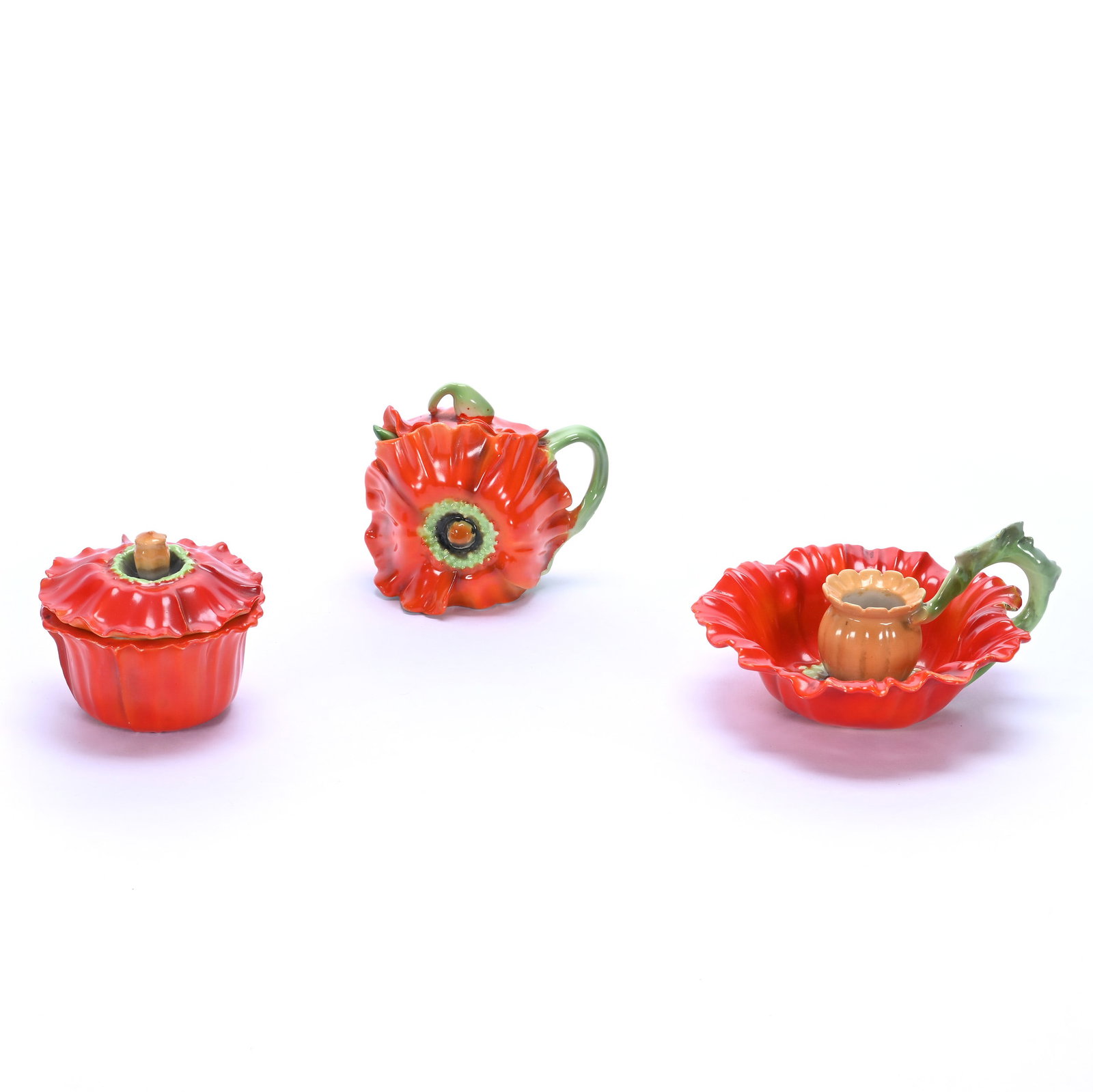 (3) Royal Bayreuth, Red Poppy Mold: (3) Royal Bayreuth, Red Poppy Mold, 5.25 x 5 x 2.75 Inches, (1) Handled Chamber Stick, Blue Mark, (1) 3" Mustard Jar With Lid And Spoon, Blue Mark, Spoon Reglued, And (1) 2.75" Round Covered Box, Unma