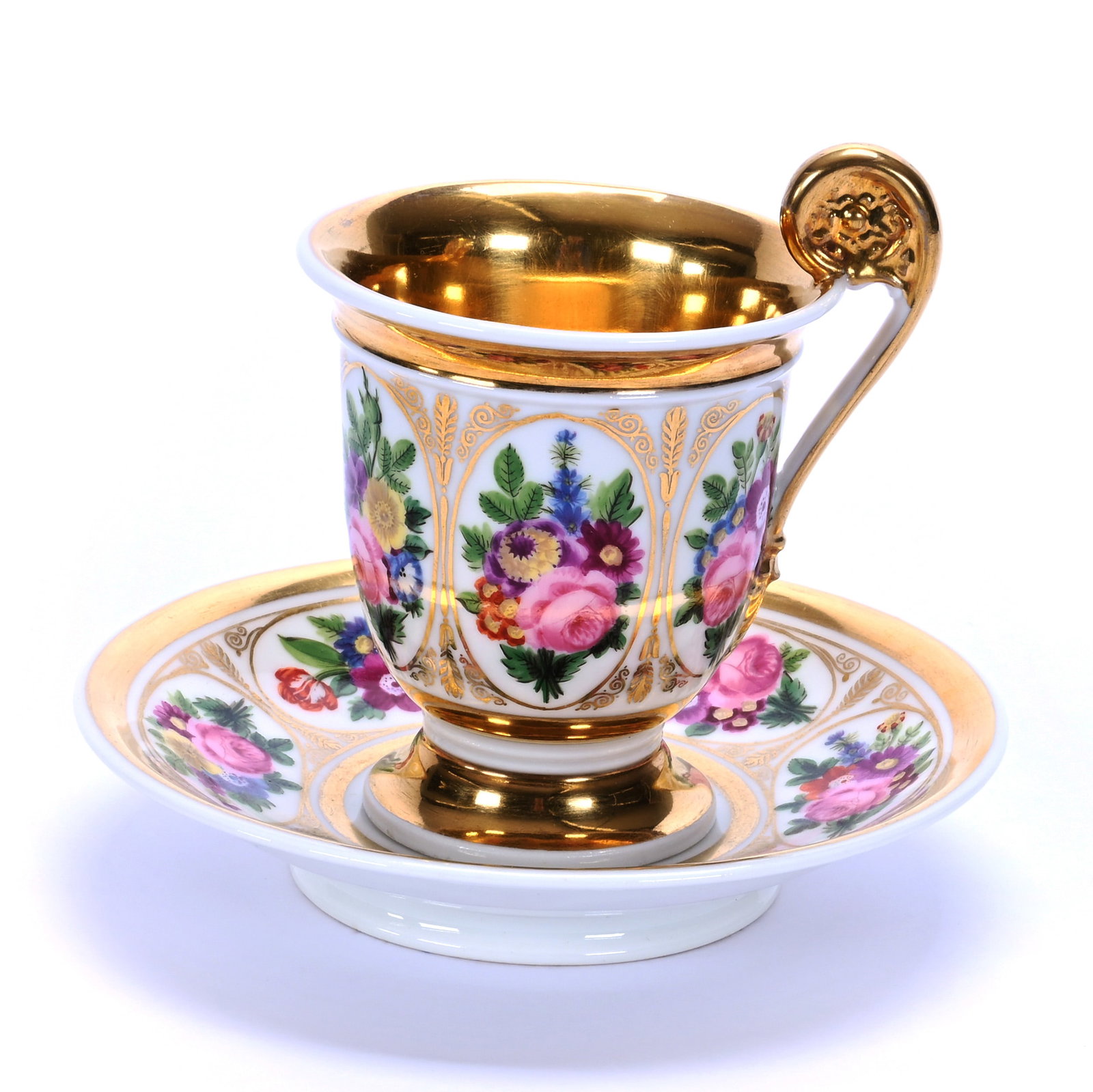 Cup And Saucer, Unmarked French Old Paris Porcelain: Cup And Saucer, Unmarked French Old Paris Porcelain, 4.75 x 5.5 x 5.5 Inches, Empire Style, White With Colorful Floral Decor And Strong Gold Highlights, 0.7 Pounds, Private Collection, Michigan. Effec