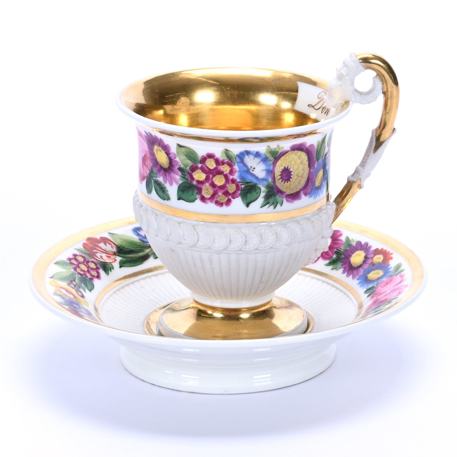 Cup And Saucer, Unmarked French Empire Style: Cup And Saucer, Unmarked French Empire Style, 4.25 x 5.5 x 5.5 Inches, Colorful Hand Painted Floral Decor, Strong Gold Trim, Inner Rim Is Marked With "Don D'amitie" Which Translates To "Gift Of Friend
