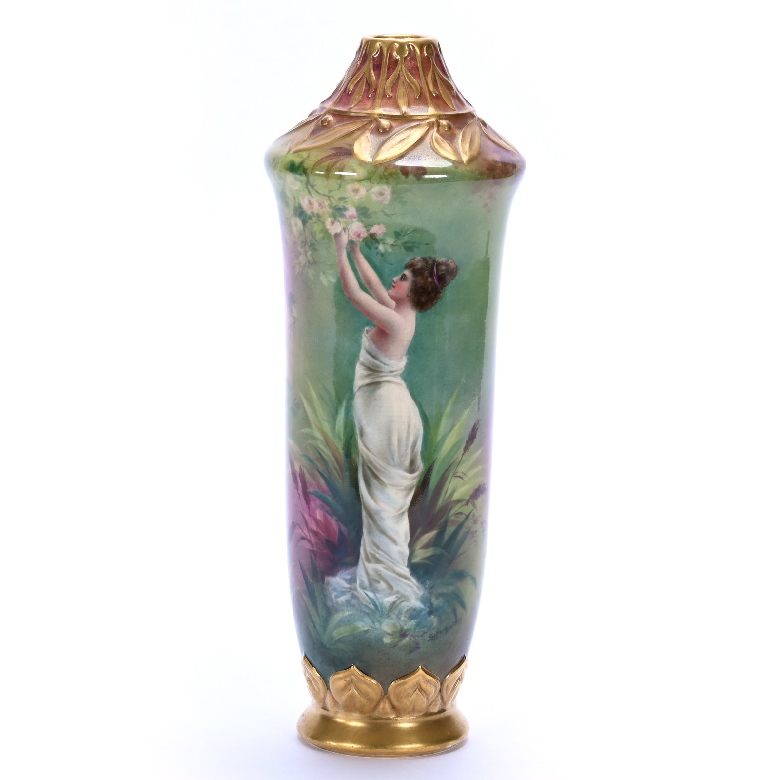 Vase, Marked Royal Bonn: Vase, Marked Royal Bonn, 12.25 x 4.5 x 4.5 Inches, Hand Painted Scene Of Woman In Garden, Artist Signed, 1.9 Pounds, Private Collection, Michigan. Effective 6/6/26, All LiveAuctioneers Invoices Must B
