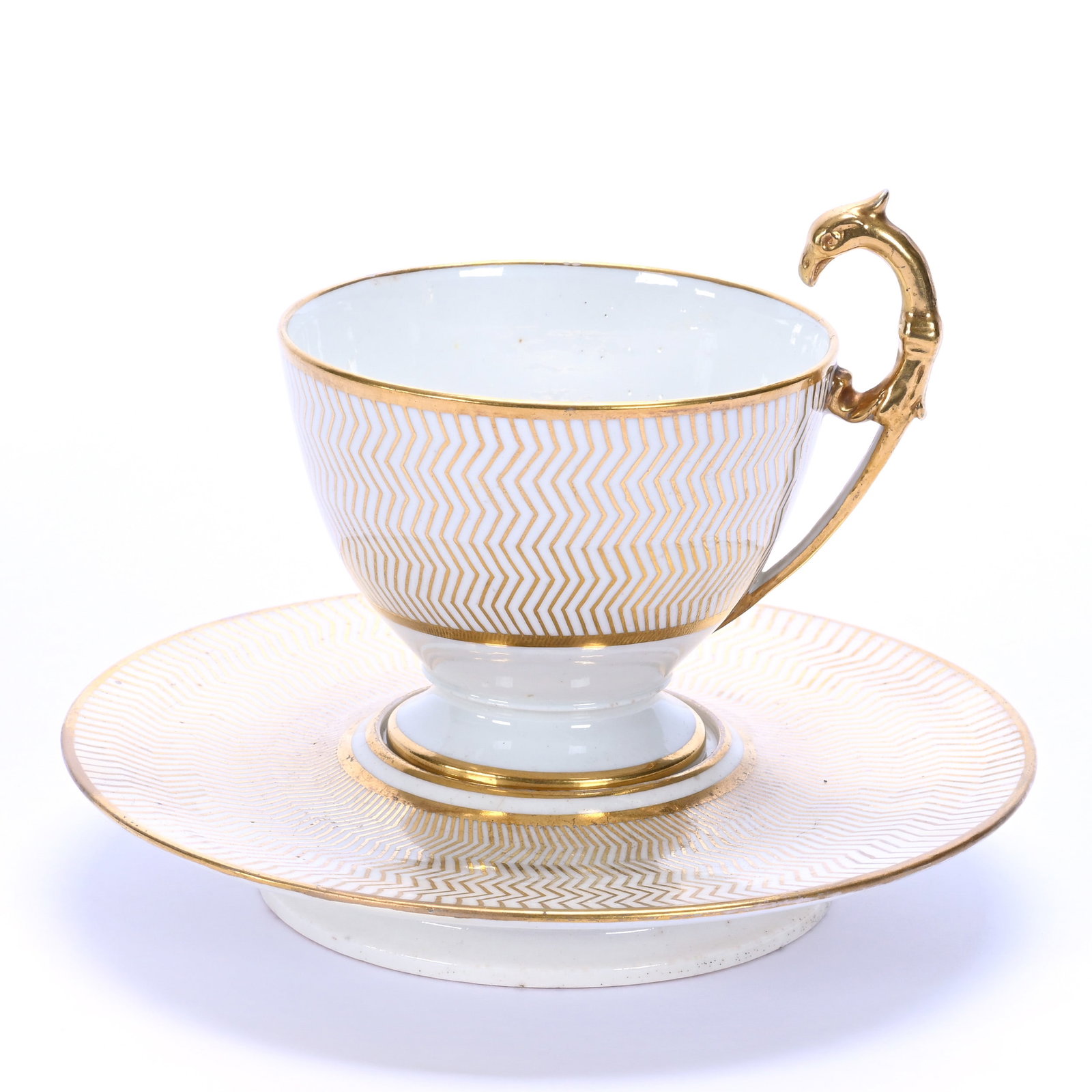 Cup And Saucer, Unmarked Porcelain, Empire Style: Cup And Saucer, Unmarked Porcelain, Empire Style, 4.75 x 6.25 x 6.25 Inches, Gold Chevron Design, Figural Eagle Head Handle, Nice Quality, 1 Pound, Private Collection, Michigan. Effective 6/6/26, All 