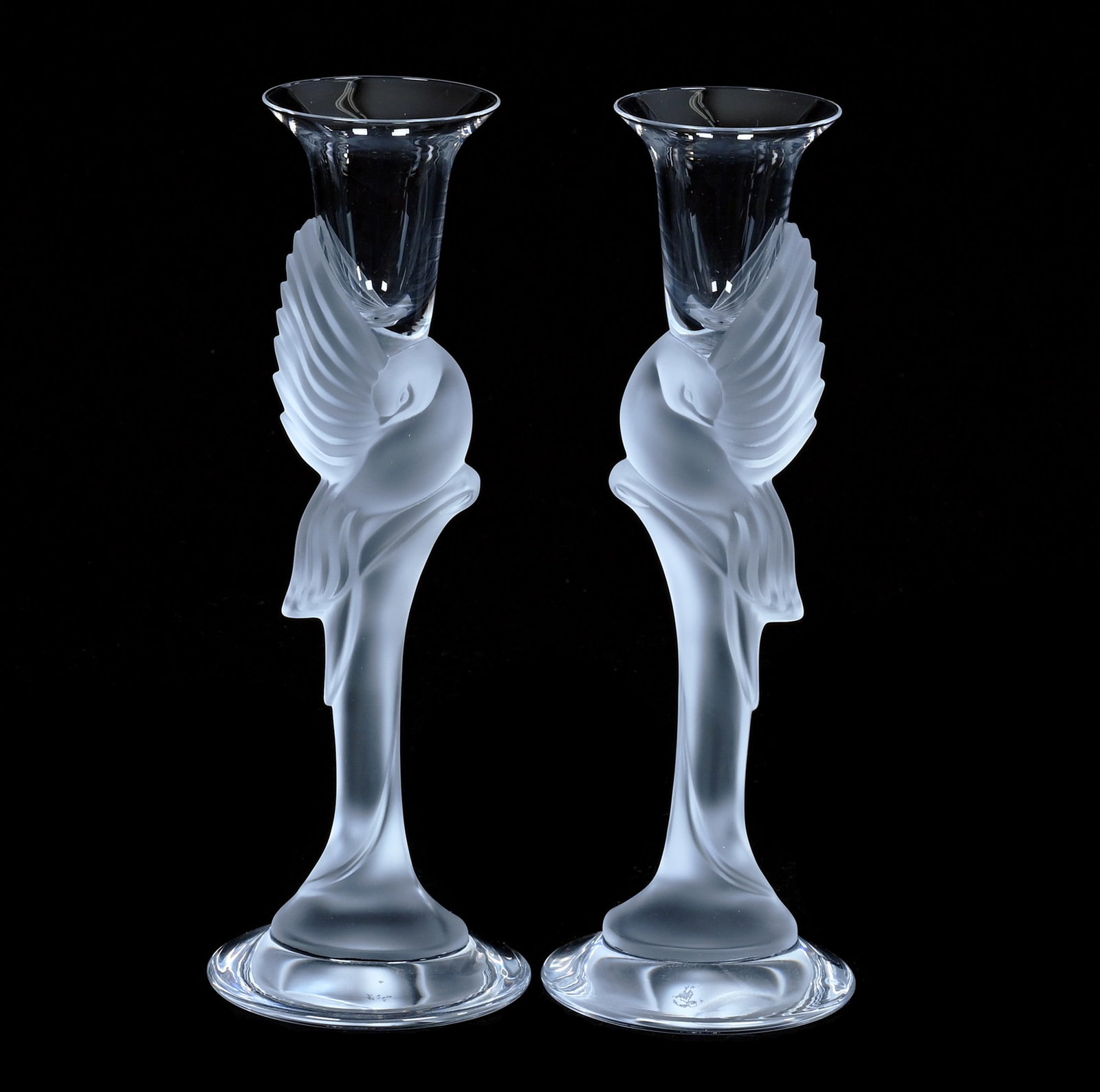 Pair Of Crystal Candlestick Holders, By Faberge: Pair Of Crystal Candlestick Holders, By Faberge, 10.25 x 7.5 x 3.75 Inches, Snow Dove Pattern, In Original Box, 3 Pounds, Private Collection, Michigan. Effective 6/6/26, All LiveAuctioneers Invoices M