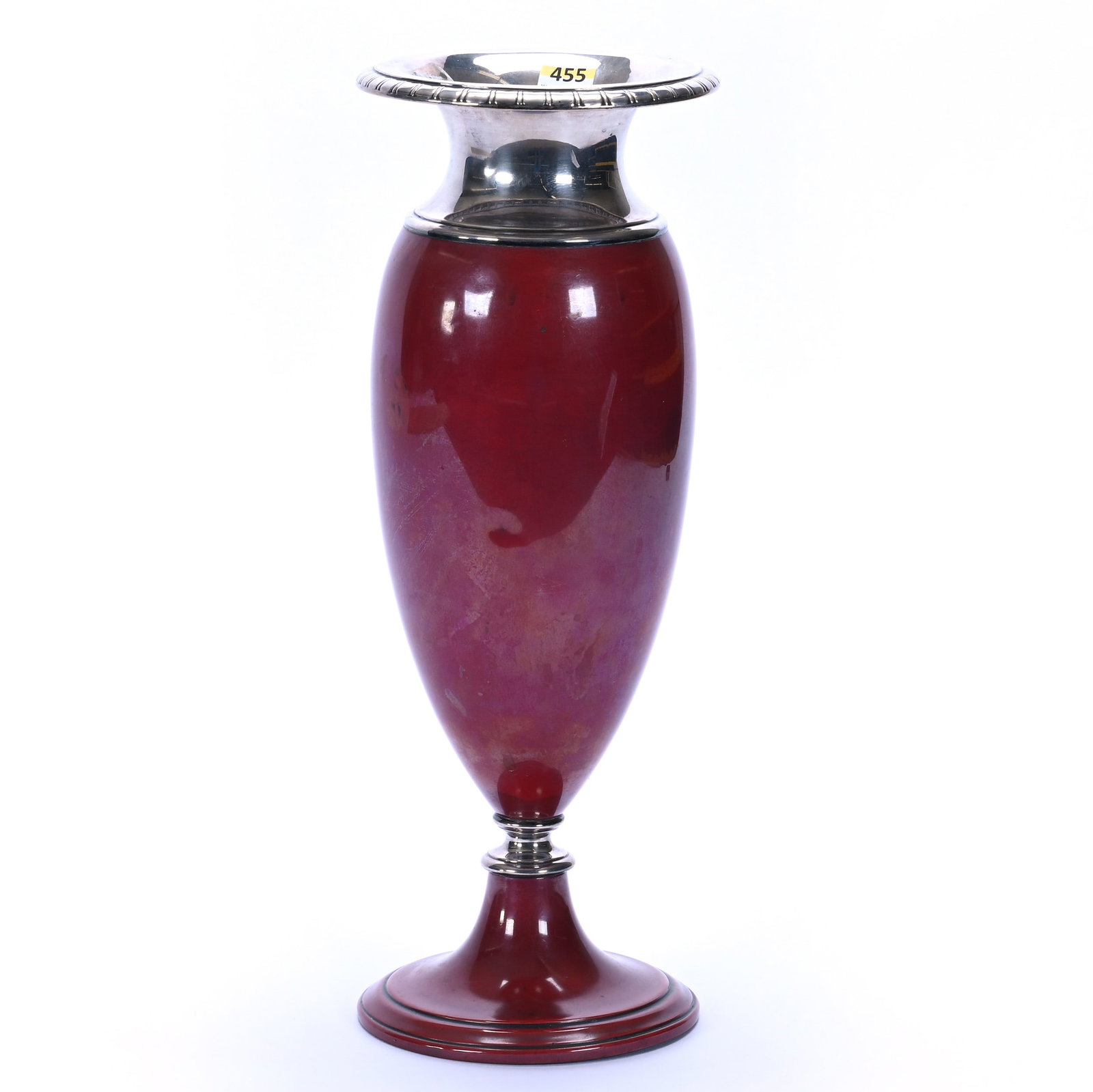 Pedestal Vase, Marked Babylonian Bronze And Sterling Silver, By La Pierre: Pedestal Vase, Marked Babylonian Bronze And Sterling Silver, By La Pierre, 15 x 5.5 x 5.5 Inches, Red Body With Sterling Rim And Stem, Unusual Mixed Metal Art Deco, Model #225, 2.9 Pounds, Private Col