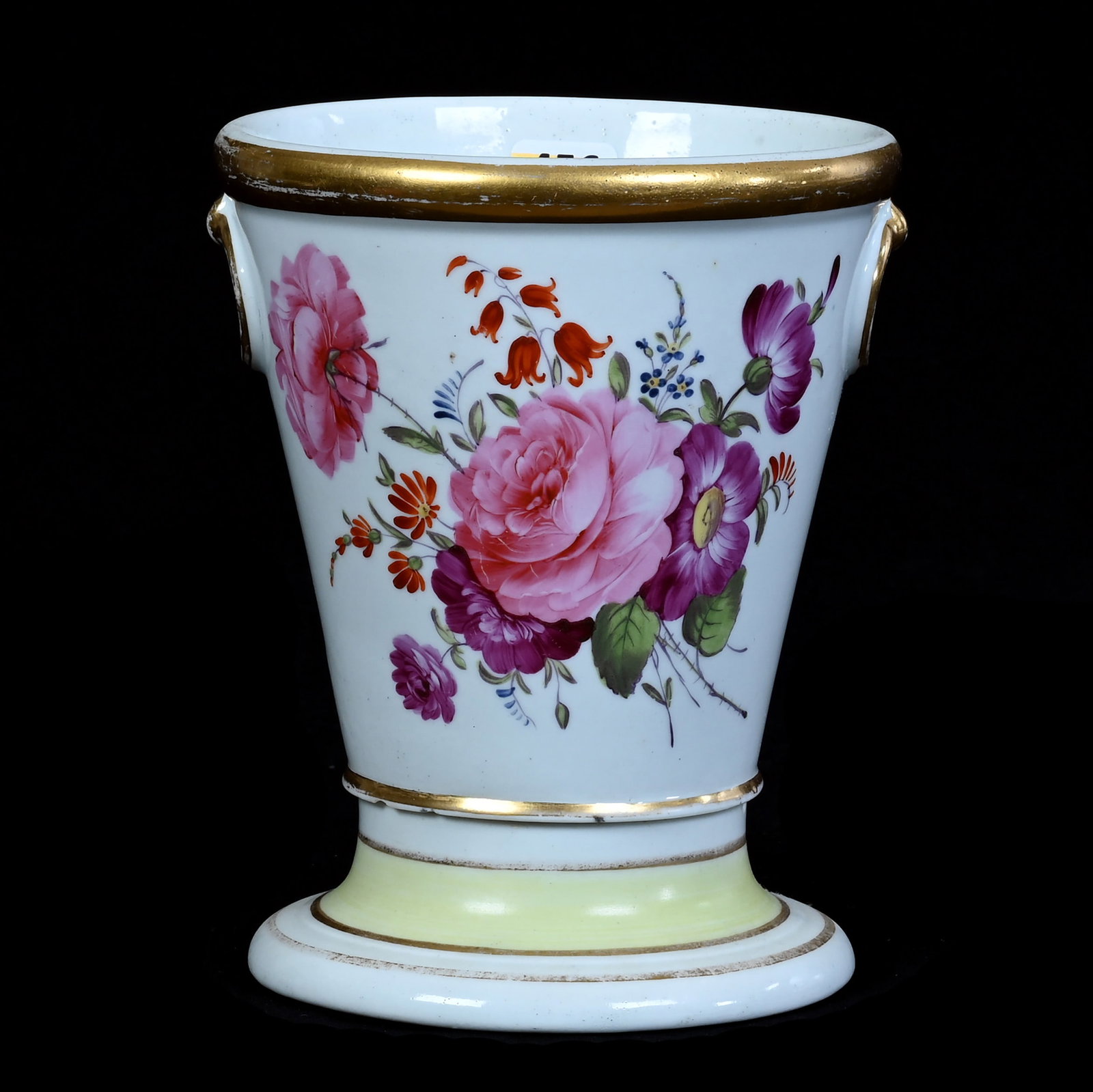 Flower Pot With Removable Base, Unmarked French Old Paris Porcelain: Flower Pot With Removable Base, Unmarked French Old Paris Porcelain, 6.75 x 5.5 x 5.5 Inches, White With Hand Painted Floral Decor, Gold Trim, Pot Has Chips Around The Base, 2.2 Pounds, Private Collec