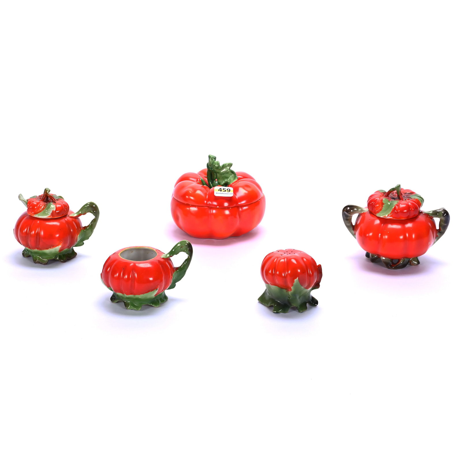 (5) Royal Bayreuth Tomato Figural Items: (5) Royal Bayreuth Tomato Figural Items, 4.5 x 4.5 x 3.75 Inches, (1) Round Covered Box, Has Rim Repair, (1) 3.75" Sugar Bowl, (1) 3.25" Mustard Jar With Lid And Spoon, (1) 2.75" Mustard Jar Without L