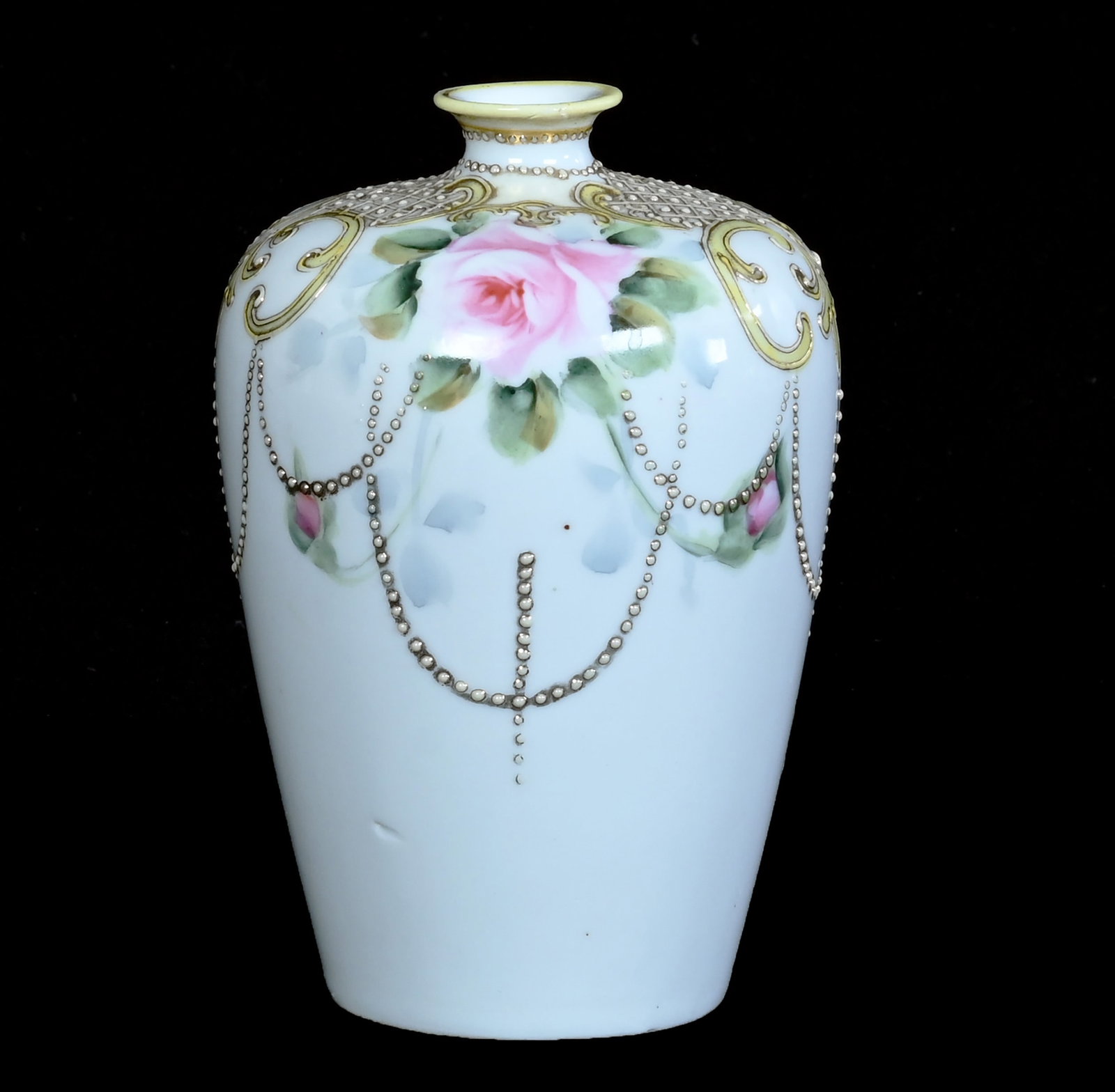 Vase, Marked Nippon: Vase, Marked Nippon, 5.25 x 3.5 x 3.5 Inches, White Porcelain With Pink Rose Decor, Beaded Enameled Highlights, Has Rim Repair, 0.6 Pounds, Private Collection, Michigan. Effective 6/6/26, All LiveAuct