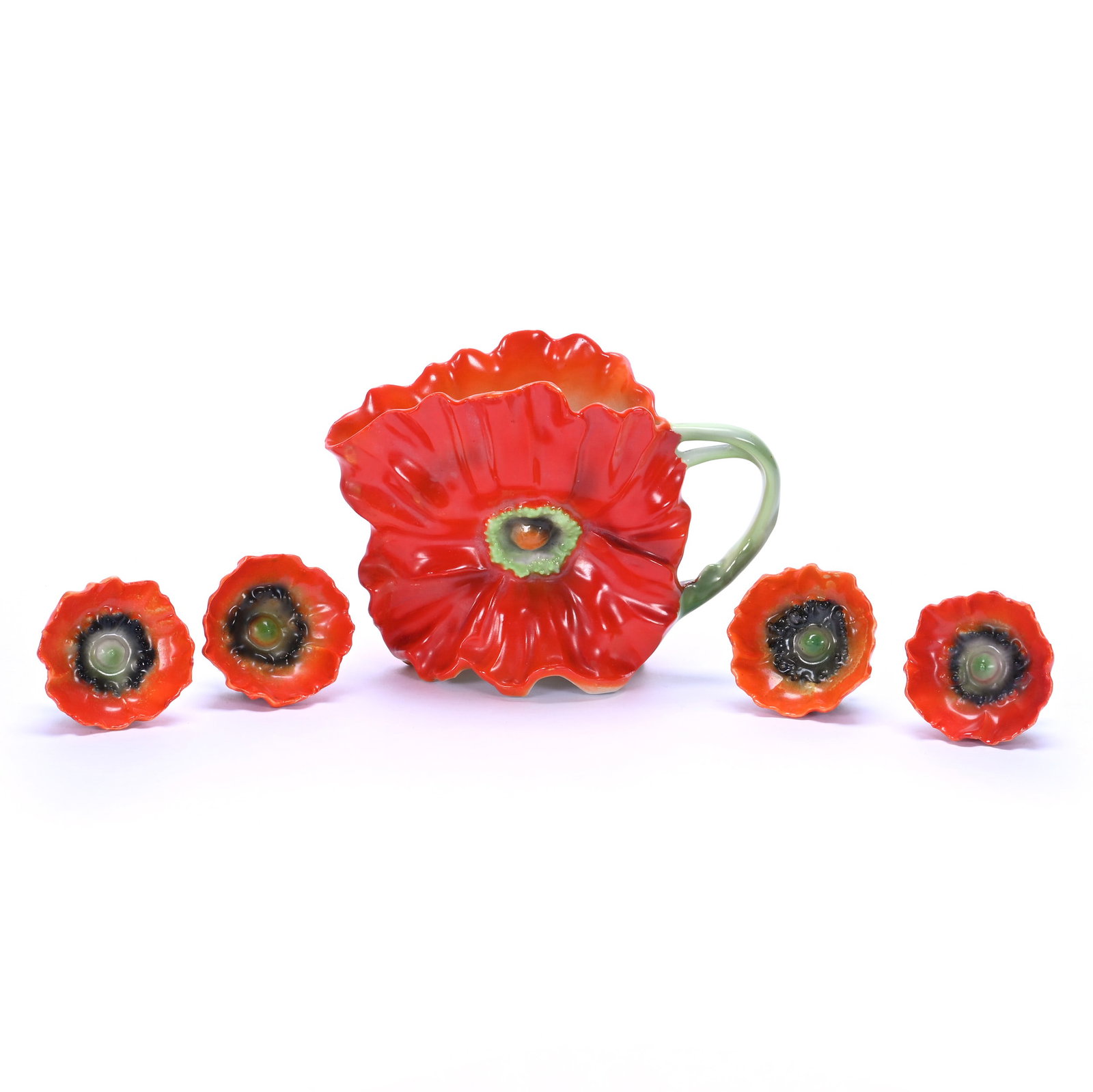 Creamer And (4) Salt Dips: Creamer And (4) Salt Dips, 3.75 x 5.25 x 2.75 Inches, Red Poppy Mold, (1) Creamer Marked Royal Bayreuth, (4) 1.75" Salt Dips, Unmarked, 0.4 Pounds, Private Collection, Michigan. Effective 6/6/26, All 