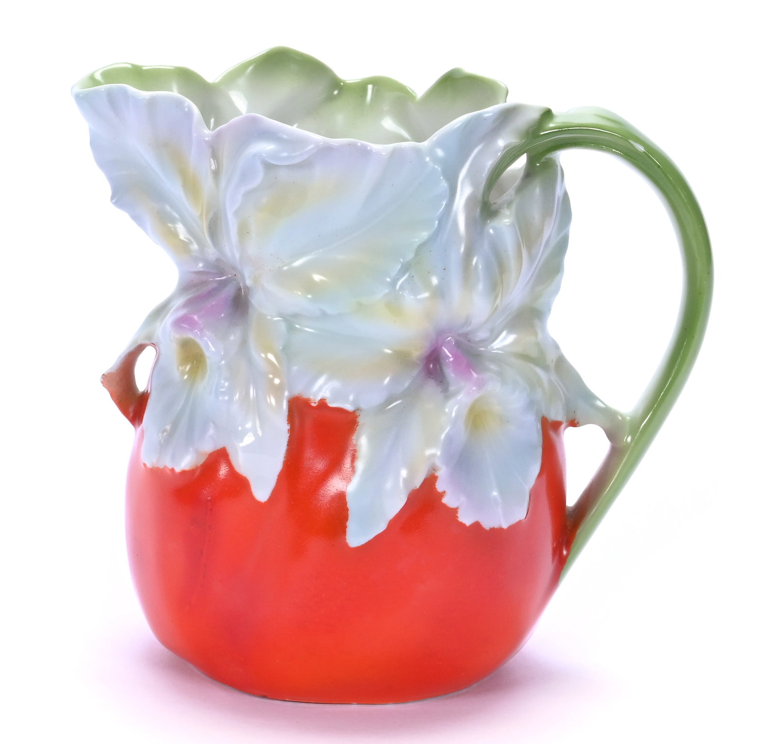 Milk Pitcher, Royal Bayreuth Blue Mark: Milk Pitcher, Royal Bayreuth Blue Mark, 5 x 5.5 x 3.5 Inches, Red Orchid Pattern, 0.6 Pounds, Private Collection, Michigan. Effective 6/6/26, All LiveAuctioneers Invoices Must Be Paid Using The Pay No