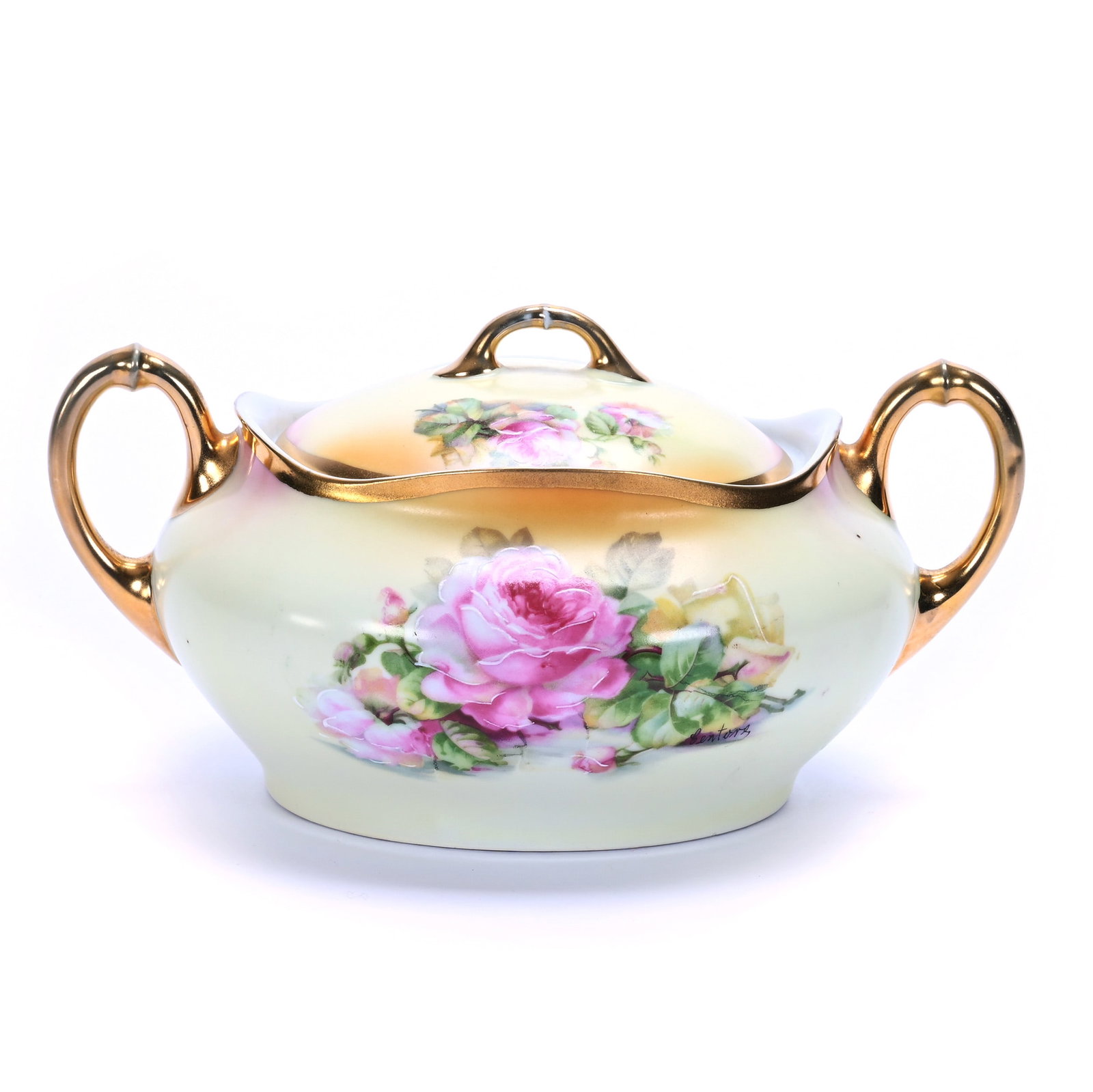Two Handled Cracker Jar, Marked Bavaria: Two Handled Cracker Jar, Marked Bavaria, 4.5 x 8.75 x 6 Inches, Yellow, Brown, And Pink Tones With Pink Rose Decor, Gold Trim, 1.3 Pounds, Private Collection, Michigan. Effective 6/6/26, All LiveAucti