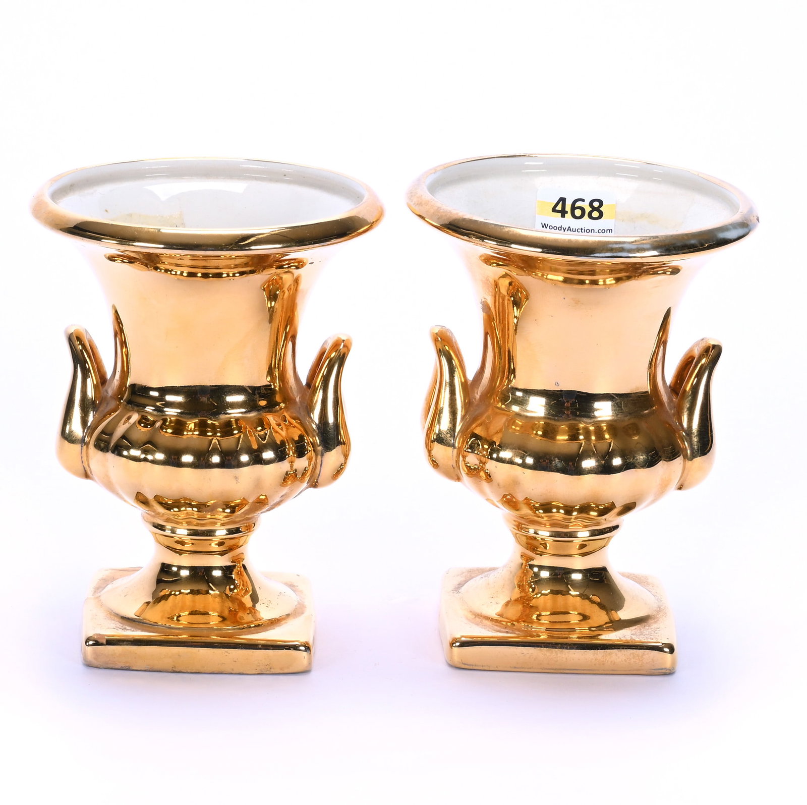 Pair Of Urn Shaped Vases, Marked Royal Minton: Pair Of Urn Shaped Vases, Marked Royal Minton, 5 x 3.75 x 3.75 Inches, Solid Gold Color, White Interior, 1.2 Pounds, Private Collection, Michigan. Effective 6/6/26, All LiveAuctioneers Invoices Must B