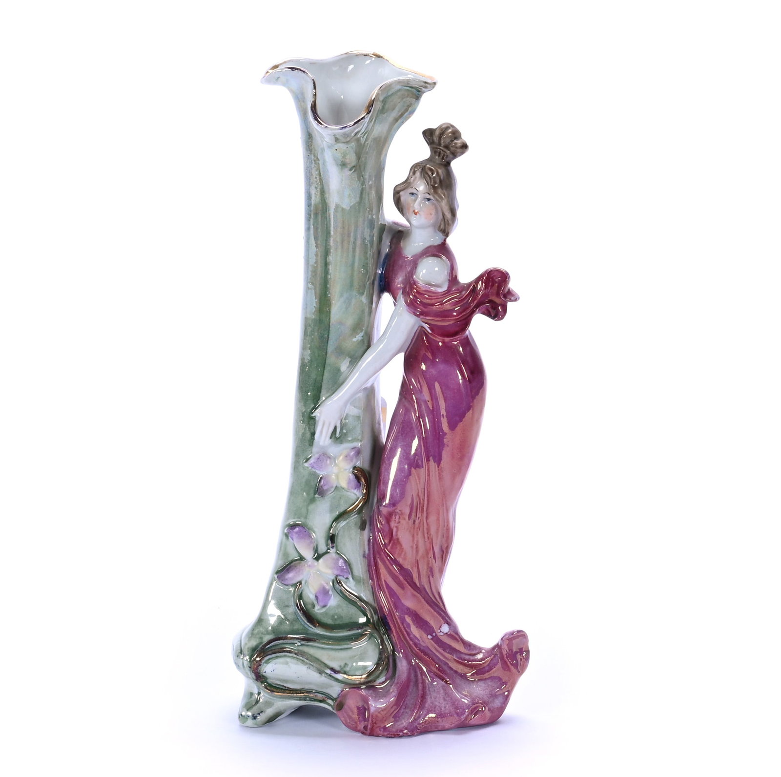 Figural Bud Vase: Figural Bud Vase, 8 x 3.5 x 2.25 Inches, Art Nouveau Woman Standing Near Vase, Green And Lavender Gloss, 0.4 Pounds, Private Collection, Michigan. Effective 6/6/26, All LiveAuctioneers Invoices Must B