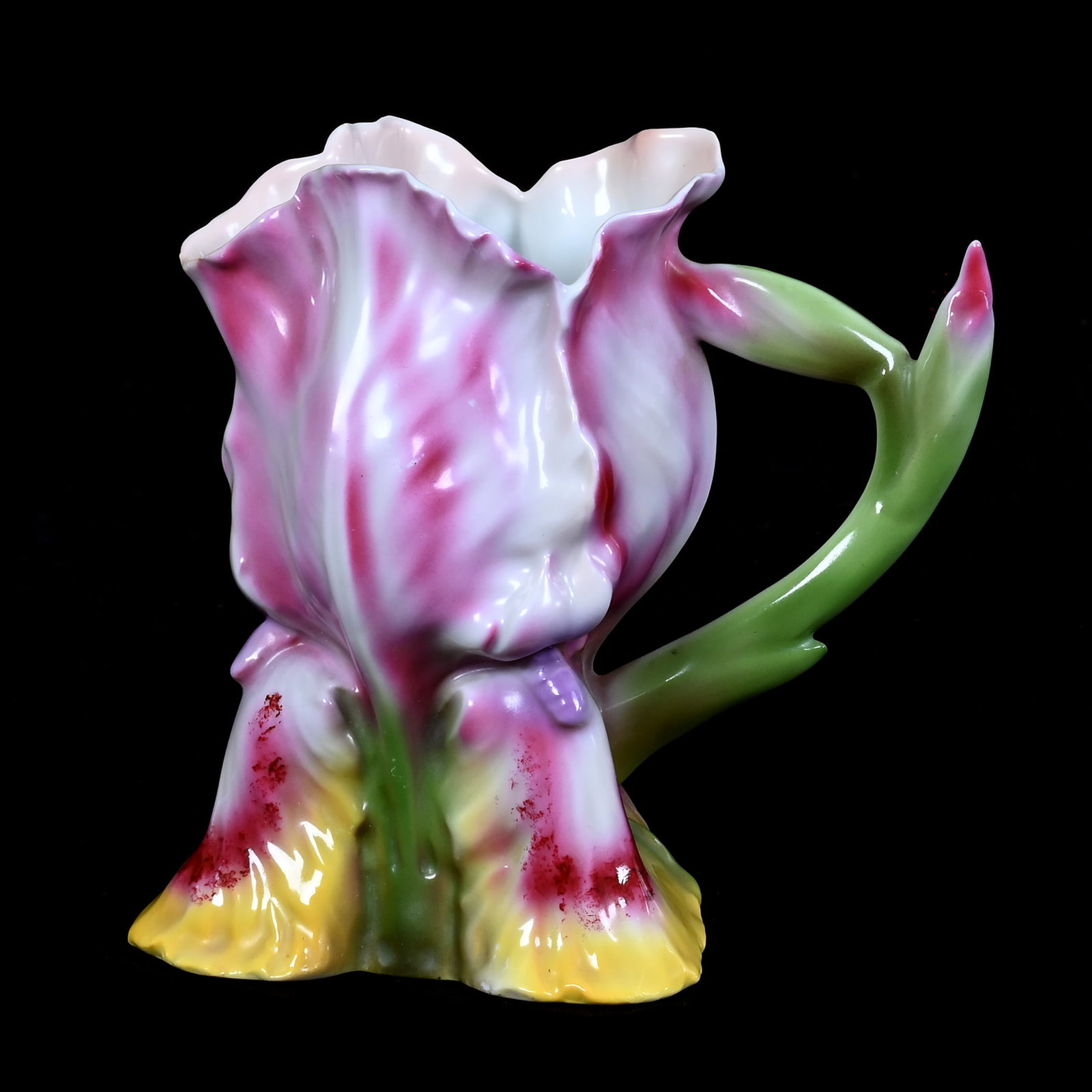 Milk Pitcher, Unmarked Royal Bayreuth: Milk Pitcher, Unmarked Royal Bayreuth, 5.25 x 5.25 x 3.75 Inches, Iris Mold, Nice Colors, 0.5 Pounds, Private Collection, Michigan. Effective 6/6/26, All LiveAuctioneers Invoices Must Be Paid Using Th