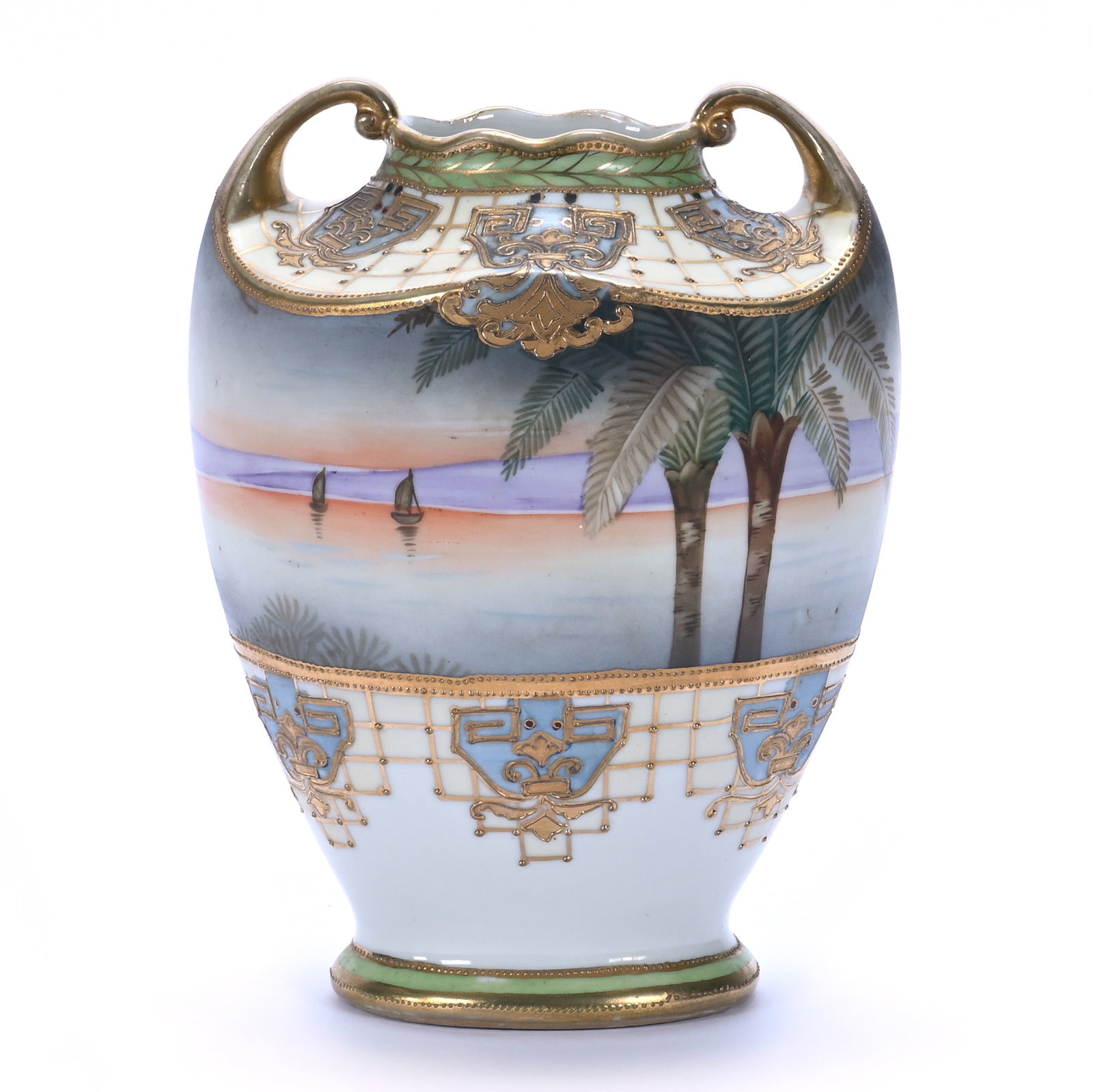 Two Handled Vase, Marked Nippon: Two Handled Vase, Marked Nippon, 7.5 x 5.75 x 4.25 Inches, Coastal Scene, Green Trim, Gold Highlights, 1.4 Pounds, Private Collection, Michigan. Effective 6/6/26, All LiveAuctioneers Invoices Must Be 