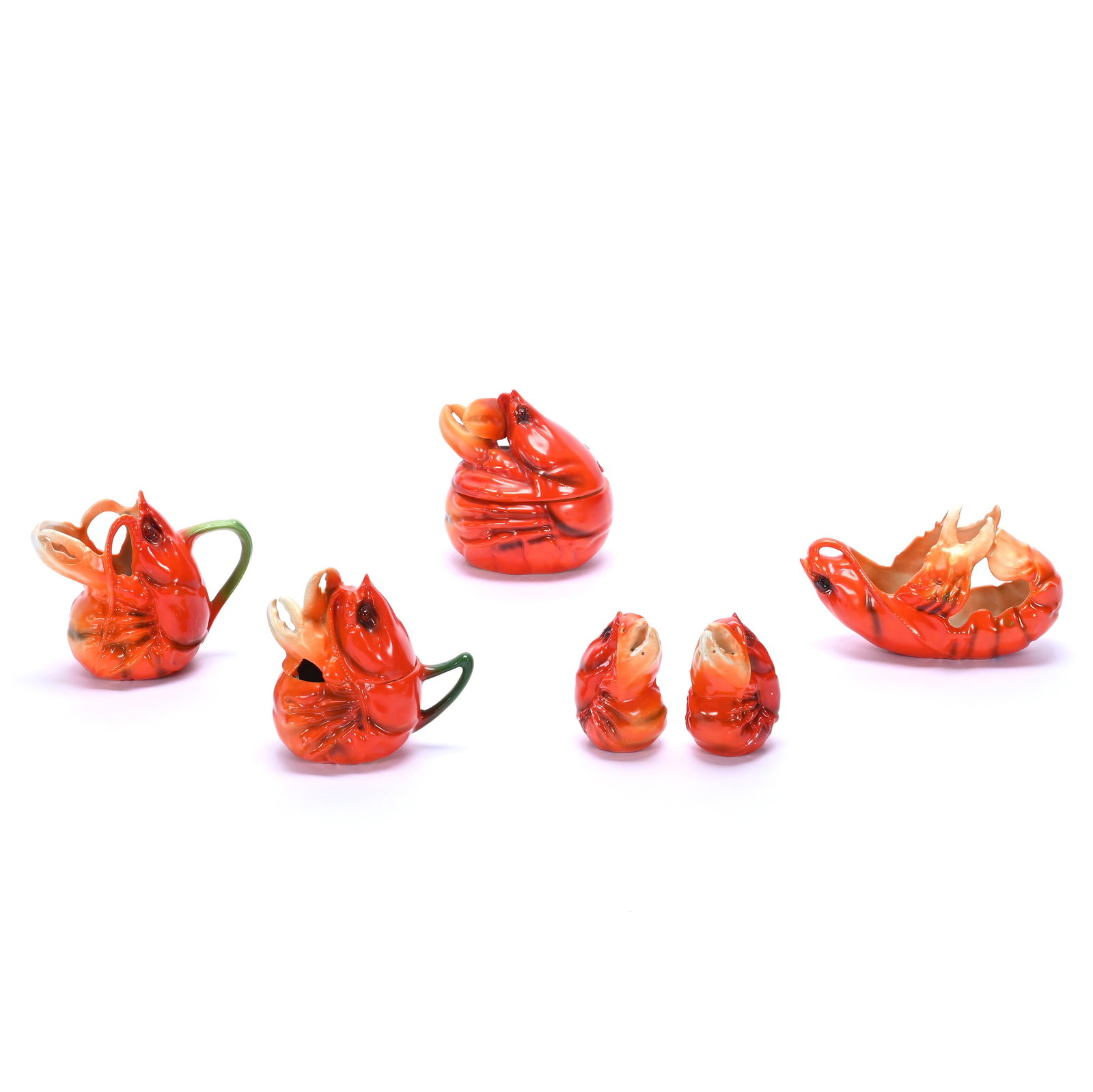 (6) Royal Bayreuth Red Lobster Items: (6) Royal Bayreuth Red Lobster Items, 4 x 3.75 x 3 Inches, (1) Mustard, No Spoon, Green Mark, (1) 4" Handled Mustard, No Spoon, Blue Mark, (1) 4" Creamer, Blue Mark (1) 3" Salt Shaker, No Mark, (1) 3"