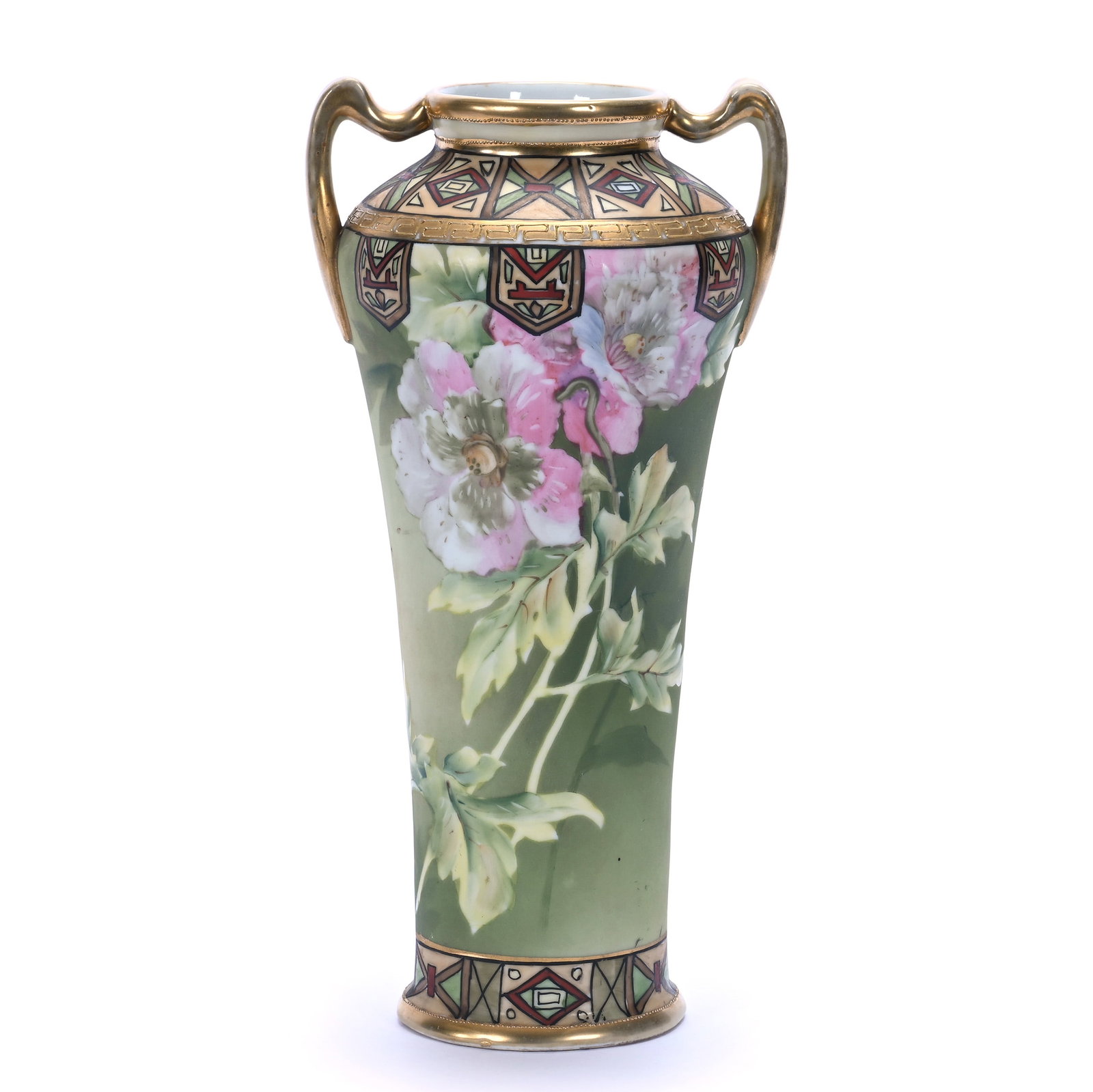 Two Handled Vase, Marked Nippon: Two Handled Vase, Marked Nippon, 12 x 6 x 5.25 Inches, Green Tones, With Pink Poppy Decor, Brown Decorative Border, 2.5 Pounds, Private Collection, Michigan. Effective 6/6/26, All LiveAuctioneers Invo