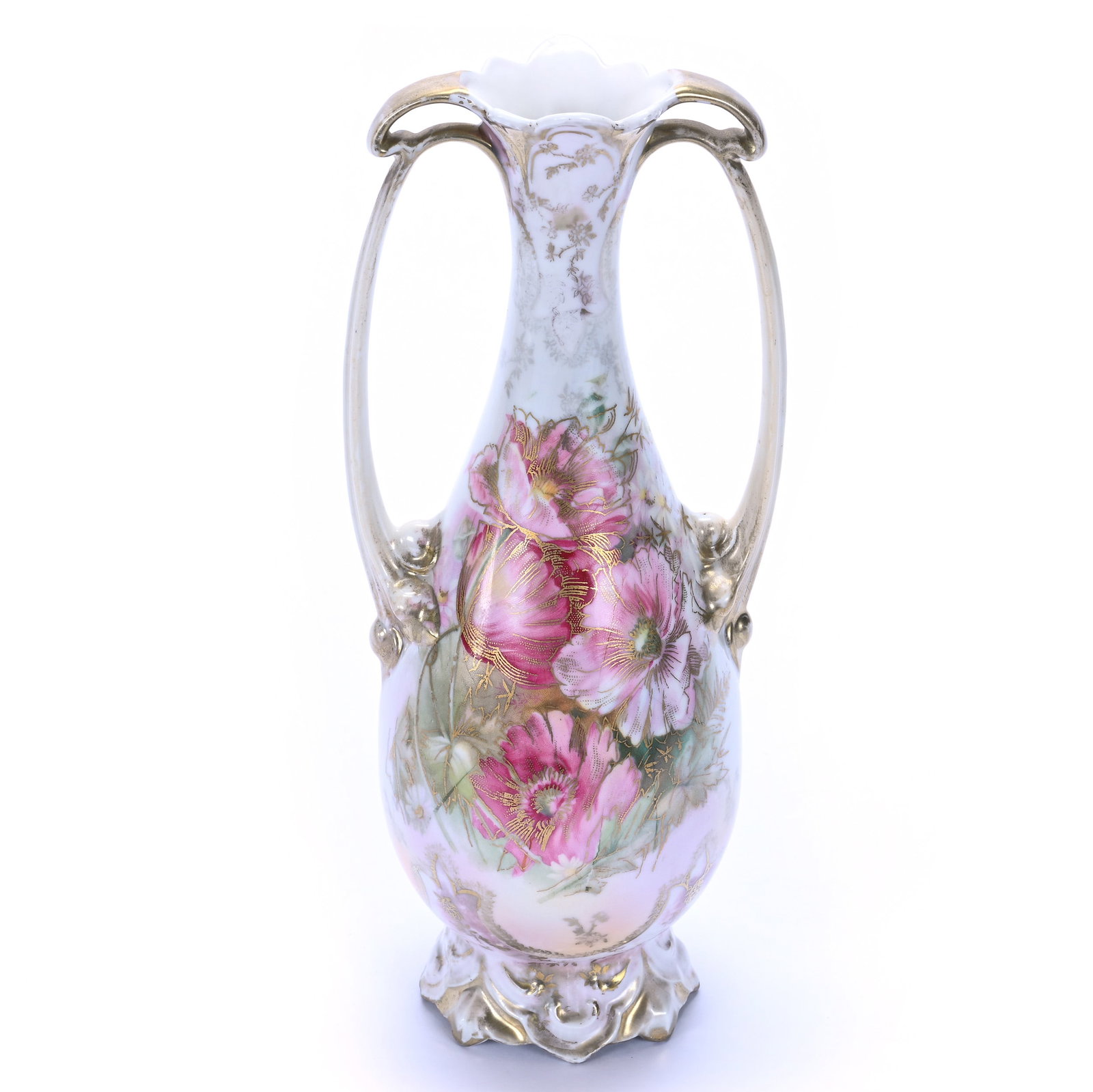 Two Handled Vase, Marked R.S. Prussia: Two Handled Vase, Marked R.S. Prussia, 9.75 x 4.5 x 4 Inches, White And Cream Satin Finish Ground With Pink Poppy Decor, Faded Gold Highlights, 0.8 Pounds, Private Collection, Michigan. Effective 6/6/