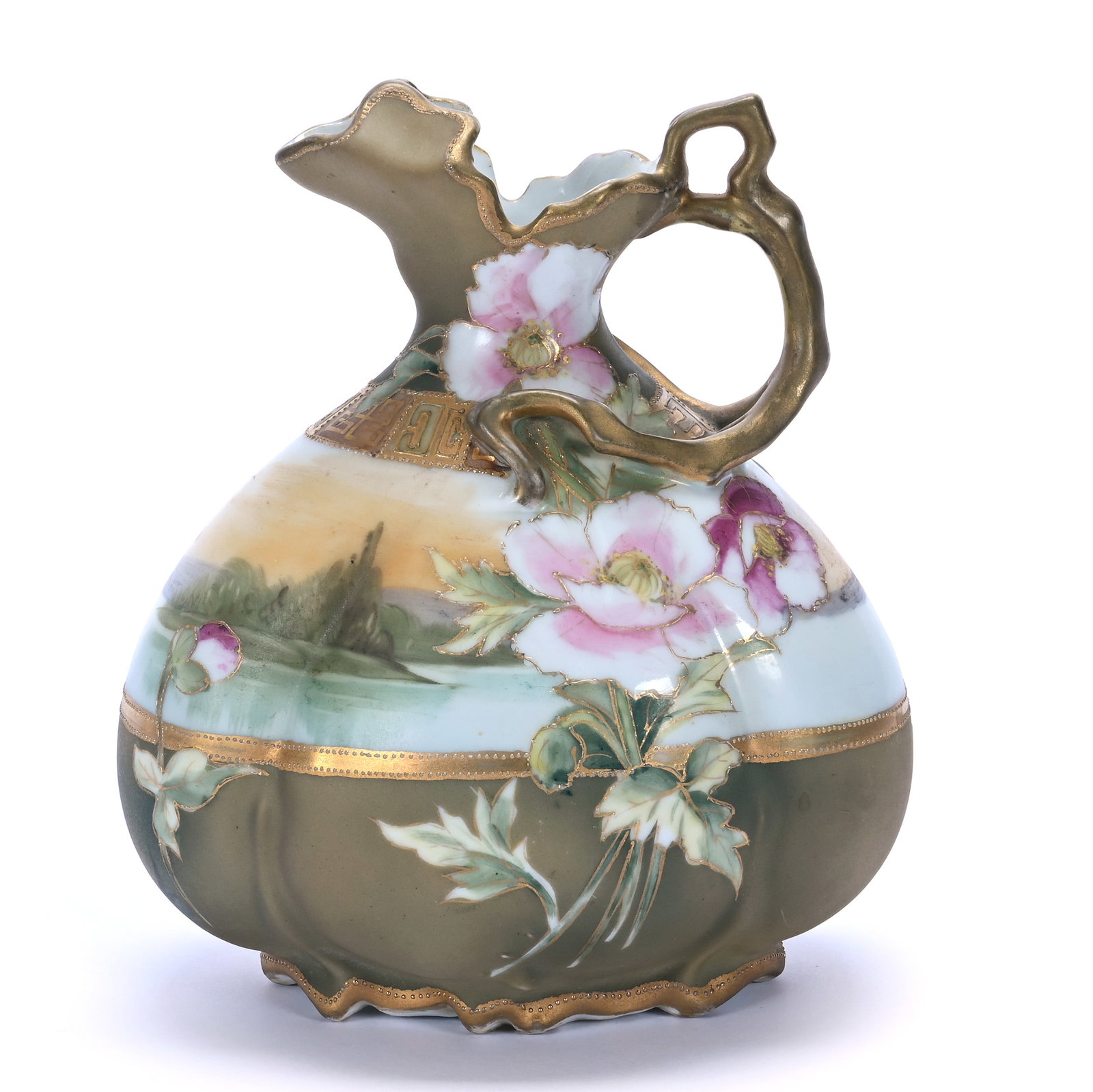 Bulbous Ewer, Marked Nippon: Bulbous Ewer, Marked Nippon, 7 x 6.25 x 4.5 Inches, White And Green Tones, Banded Lake Scene, Pink Floral Decor, Gold Accents, 1.1 Pounds, Private Collection, Michigan. Effective 6/6/26, All LiveAucti