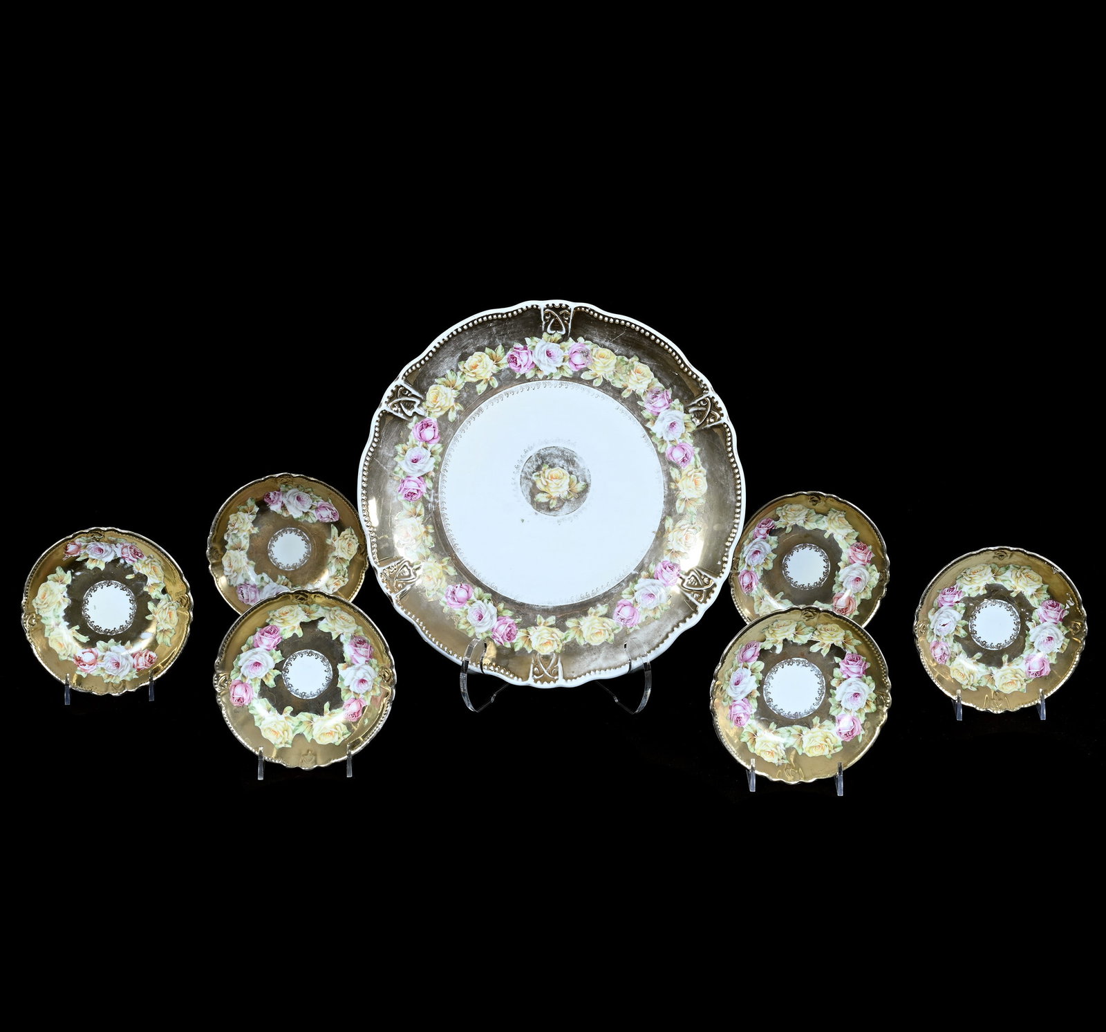 (7) Tray With Berry Dishes, Marked Germany: (7) Tray With Berry Dishes, Marked Germany, 12 x 12 x 1.5 Inches, White And Pink Floral Decor With Gold Gilt Edge, (1) Tray, (6) 5.5" Berry Dishes, 3.2 Pounds, Private Collection, Michigan. Effective 