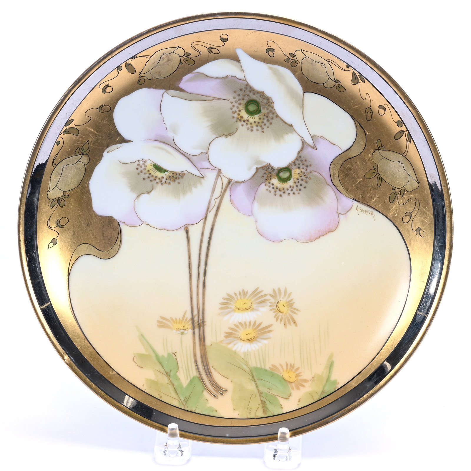 Plate, Marked Pickard: Plate, Marked Pickard, 8.75 x 8.75 x 1 Inches, White Poppy And Daisy Pattern, Heavy Gold Accents, Artist Signed "Gasper", 0.8 Pounds, Private Collection, Michigan. Effective 6/6/26, All LiveAuctioneer